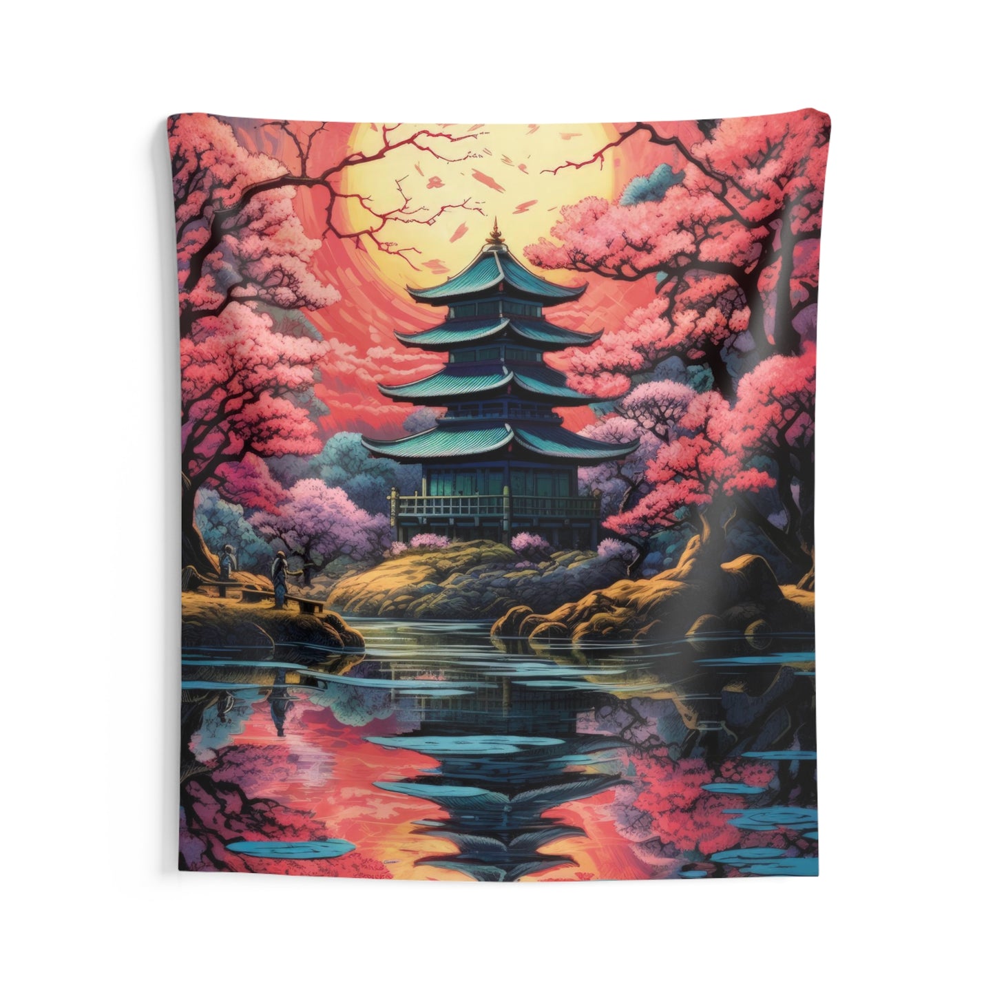 Indoor Wall Tapestries - Sakura Serenity: Japanese Zen Garden with Cherry Blossom Pond