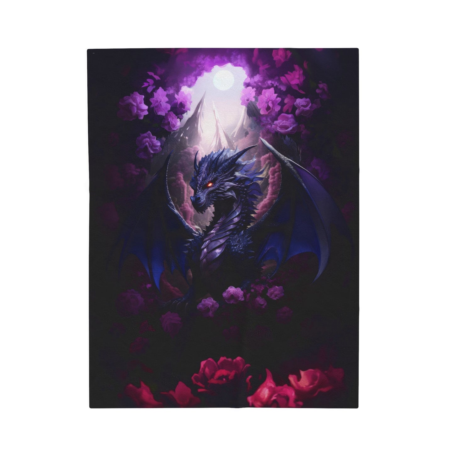 Purple Dragon Blanket - Midnight Purple Dragon - Purple and Red Roses - Velveteen Plush Blanket - Fantasy Gift for Gamer