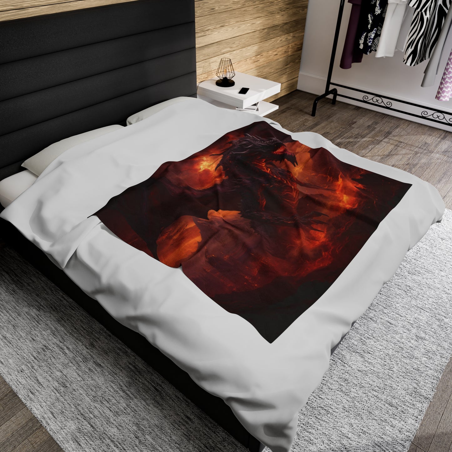 Couverture Dragon Noir - Couverture en velours peluche Dragon Noir des Flammes Infernales - Cadeau pour joueur geek