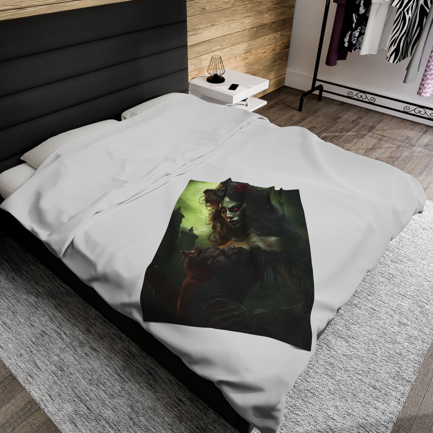 Velveteen Plush Blanket - Crimson Remembrance: Woman Zombie's Enigmatic Embrace