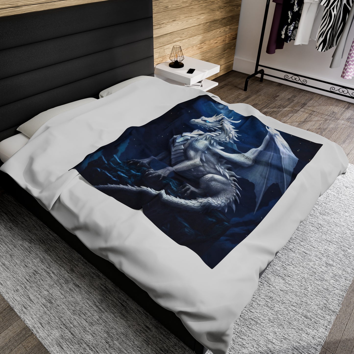 Velveteen Plush Blanket - Moonlit Serenity: White Holy Dragon's Radiance