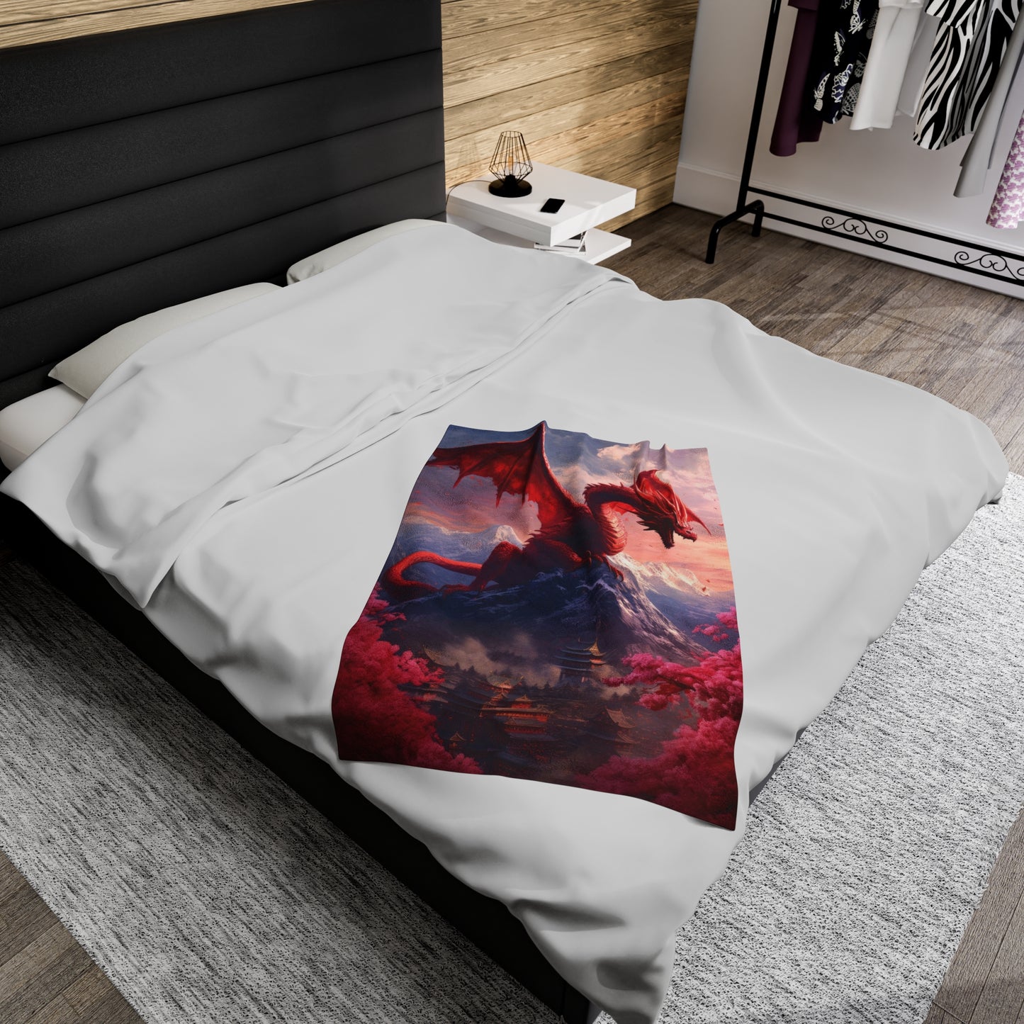 Velveteen Plush Blanket - Enchanting Chinese Dragon and Blossom Village - Fantasy Blanket - Gift for Dragon Lover