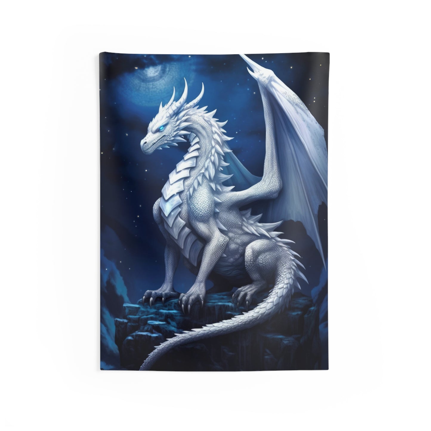 White Dragon Fantasy Tapestry - Guardian: White Holy Dragon in Moonlit Majesty