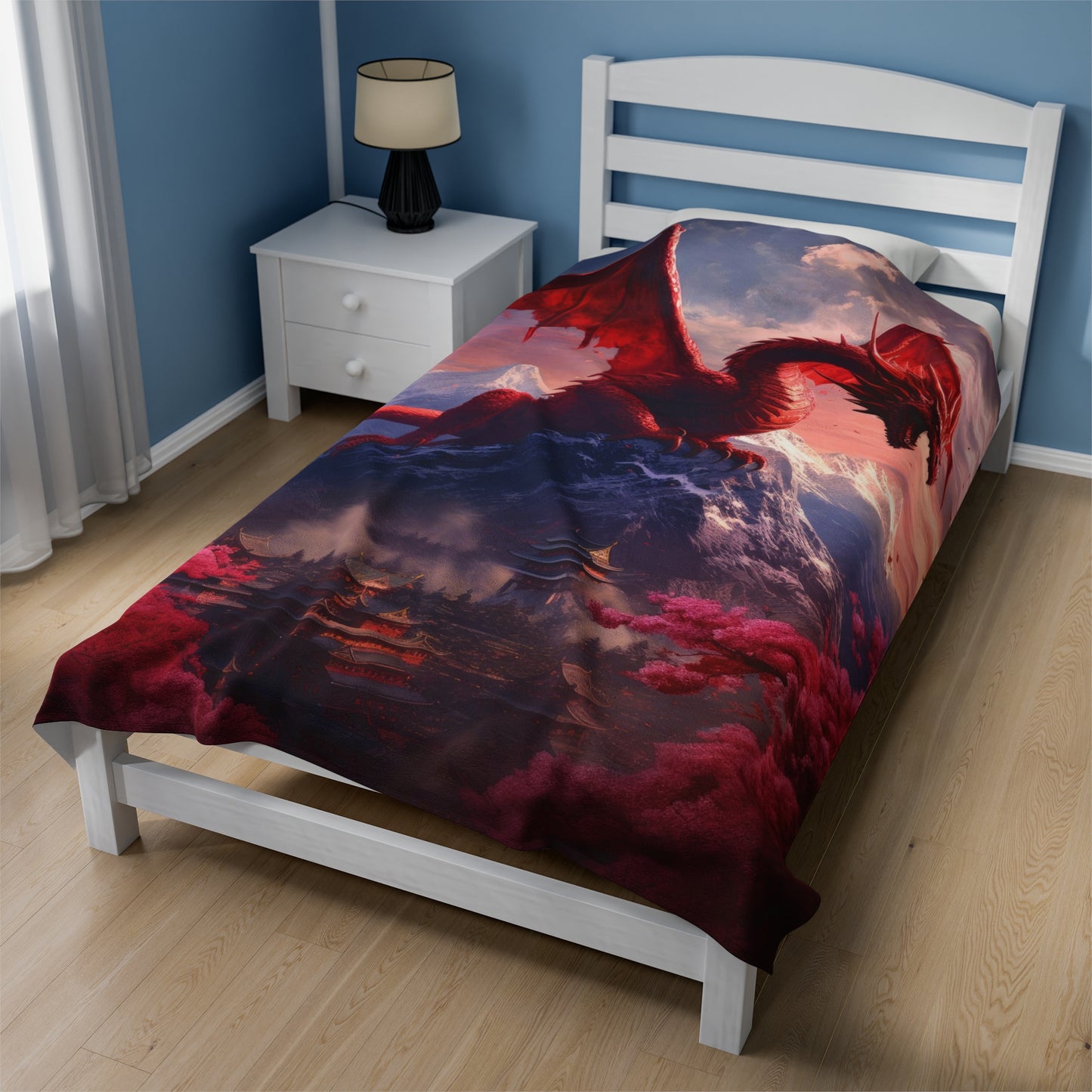 Velveteen Plush Blanket - Enchanting Chinese Dragon and Blossom Village - Fantasy Blanket - Gift for Dragon Lover