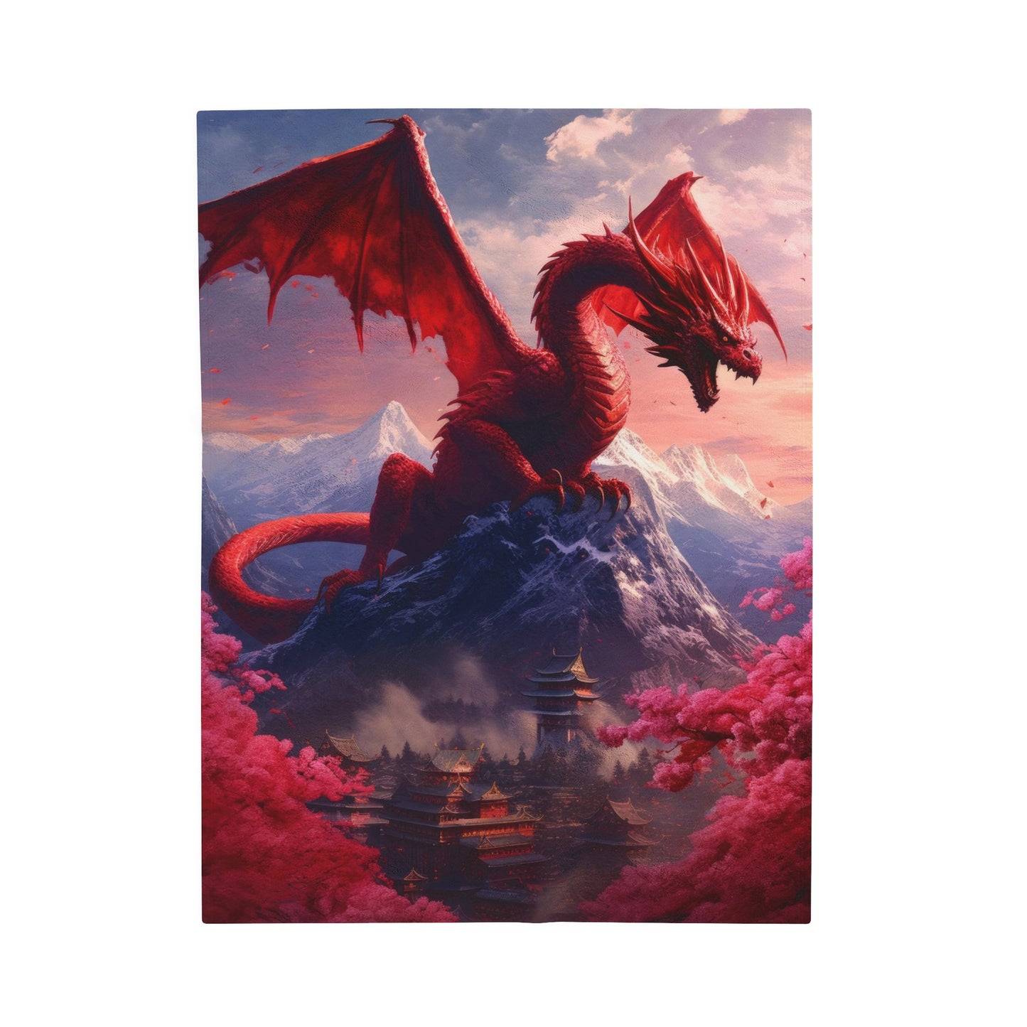 Velveteen Plush Blanket - Enchanting Chinese Dragon and Blossom Village - Fantasy Blanket - Gift for Dragon Lover