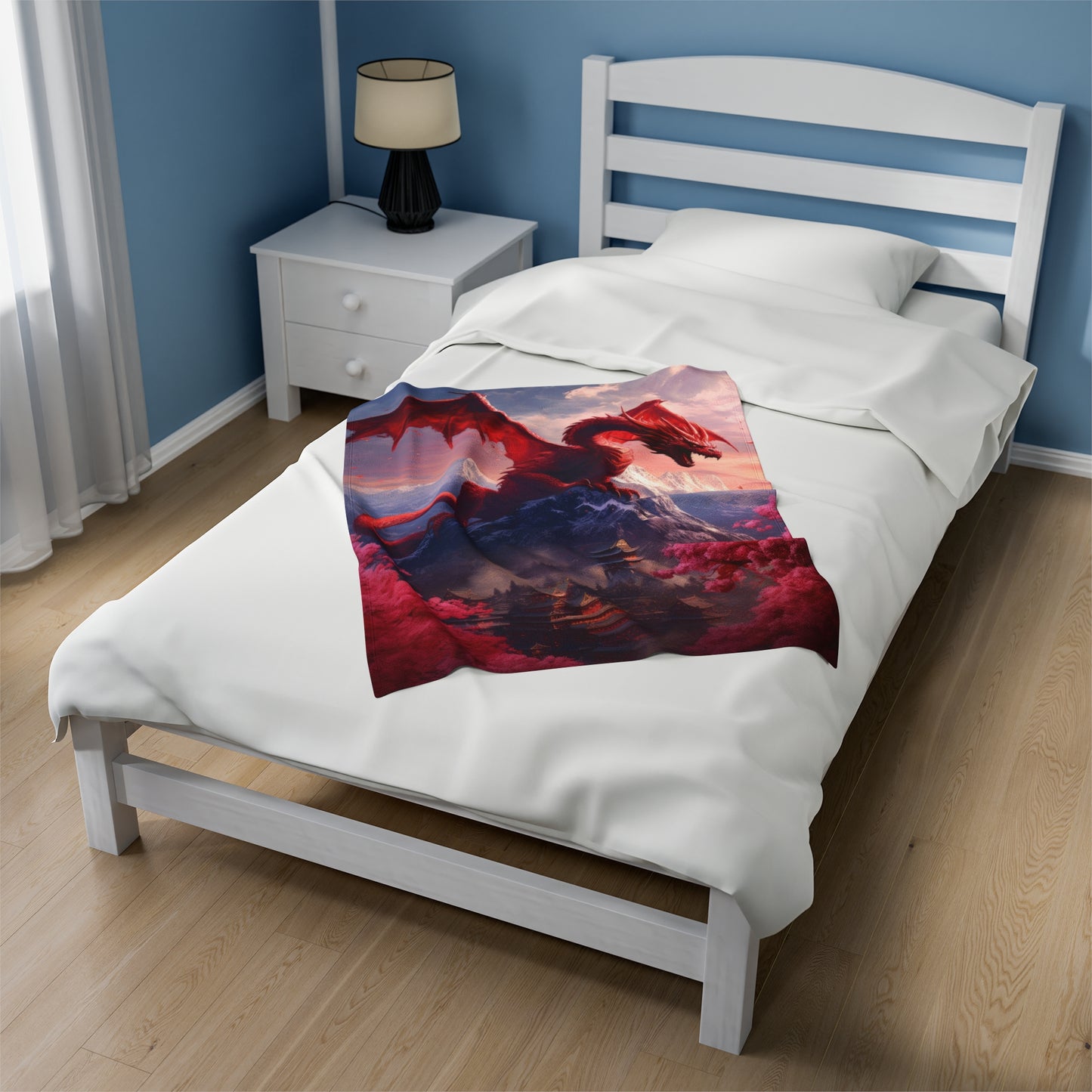 Velveteen Plush Blanket - Enchanting Chinese Dragon and Blossom Village - Fantasy Blanket - Gift for Dragon Lover