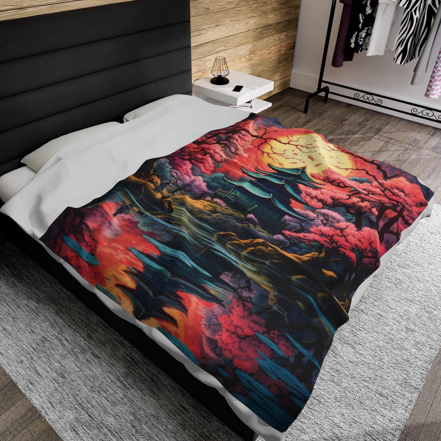 Velveteen Plush Blanket - Serenity in Cherry Blossom Bloom: Japanese Zen Garden