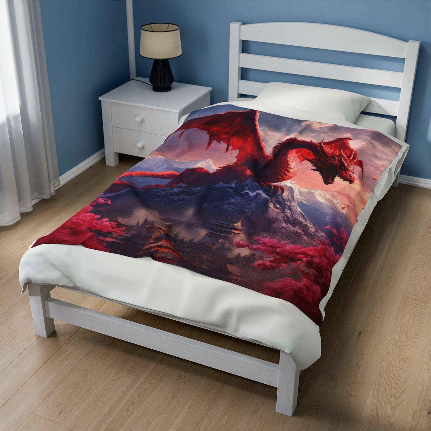 Velveteen Plush Blanket - Enchanting Chinese Dragon and Blossom Village - Fantasy Blanket - Gift for Dragon Lover