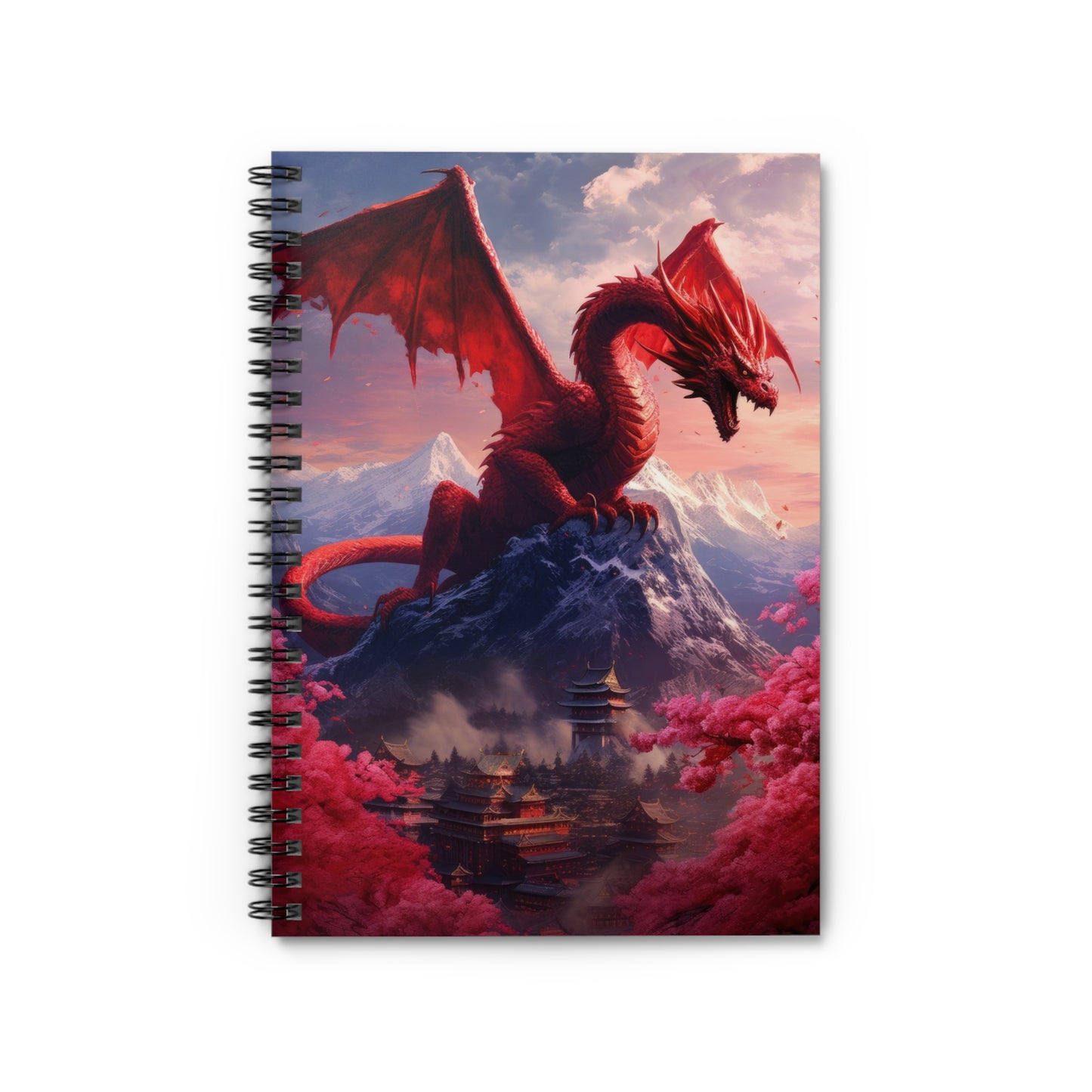 Spiral Notebook - Ruled Line - Chinese Dragon overseeing a mountain village adorned with cherry blossoms