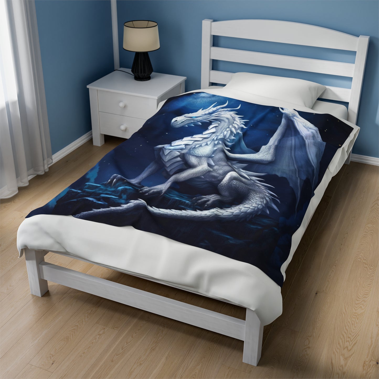 Velveteen Plush Blanket - Moonlit Serenity: White Holy Dragon's Radiance