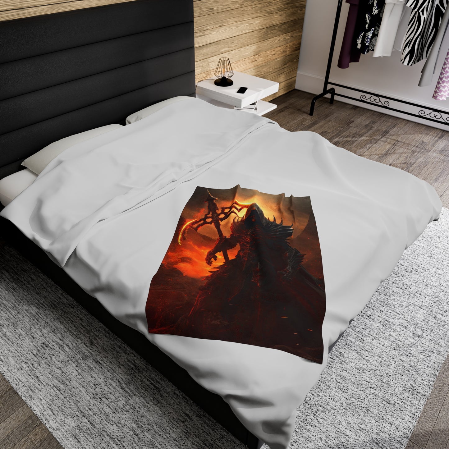 Grim Reaper Blanket - Grim Reaper with Flaming Scythe - Reaper Velveteen Plush - Fantasy Horror Gift for Him