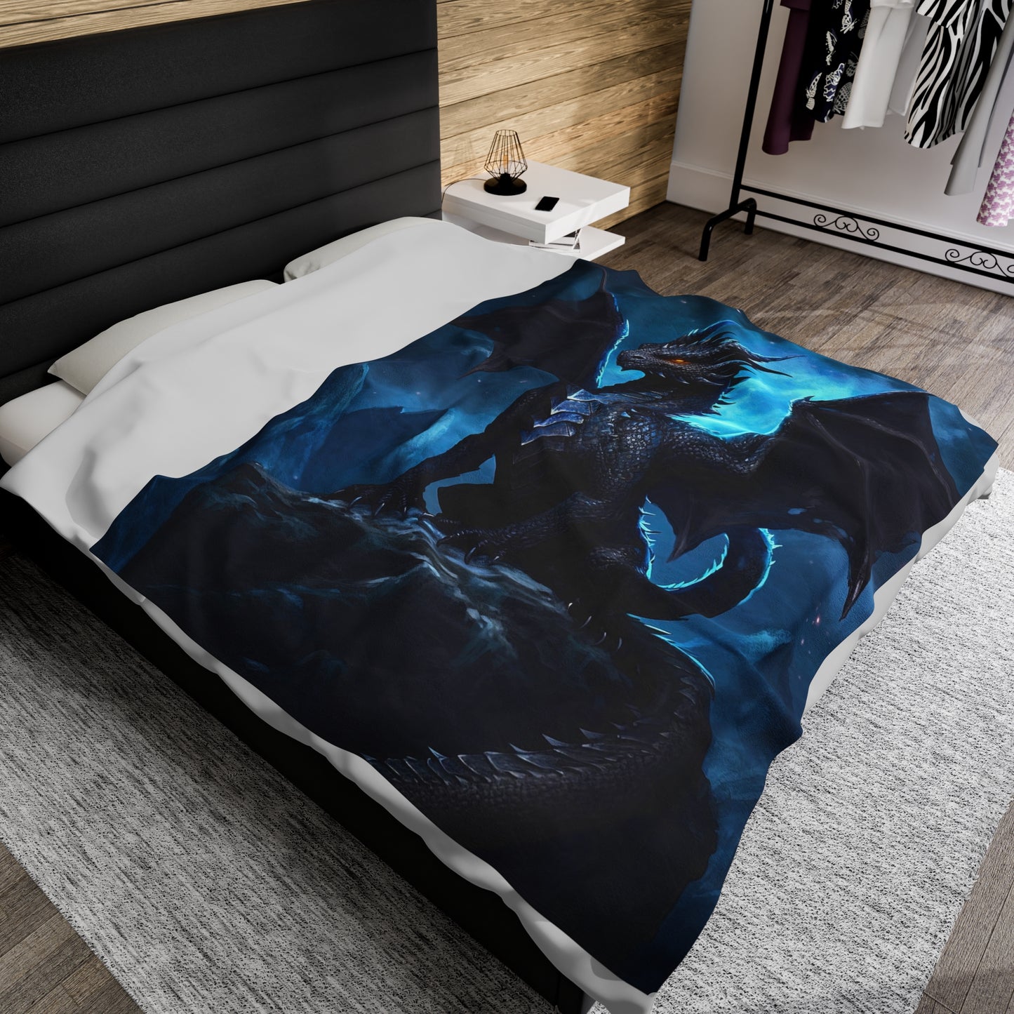 Velveteen Plush Blanket - Nocturnal Sovereign: Black Dragon's Midnight Peak