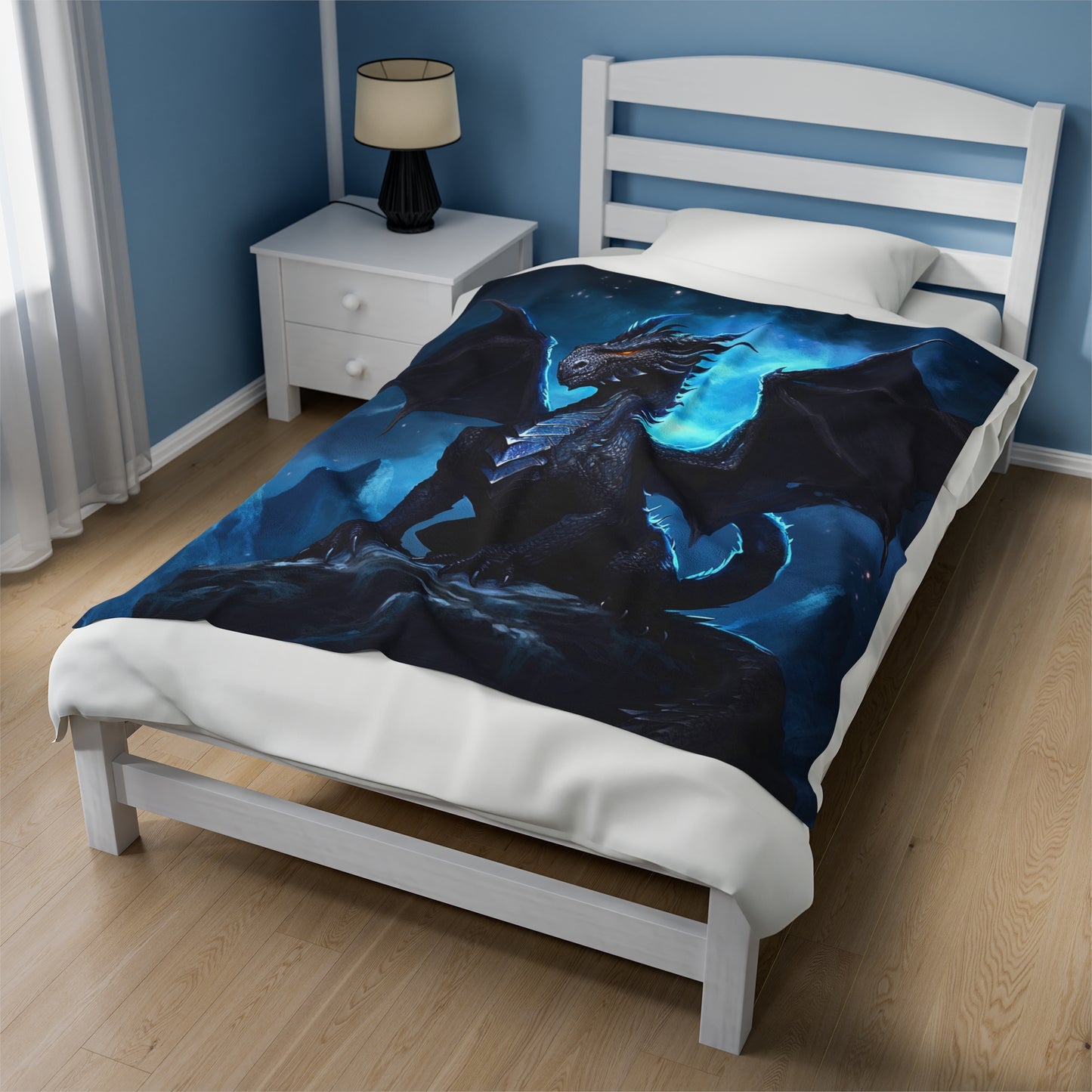 Velveteen Plush Blanket - Nocturnal Sovereign: Black Dragon's Midnight Peak