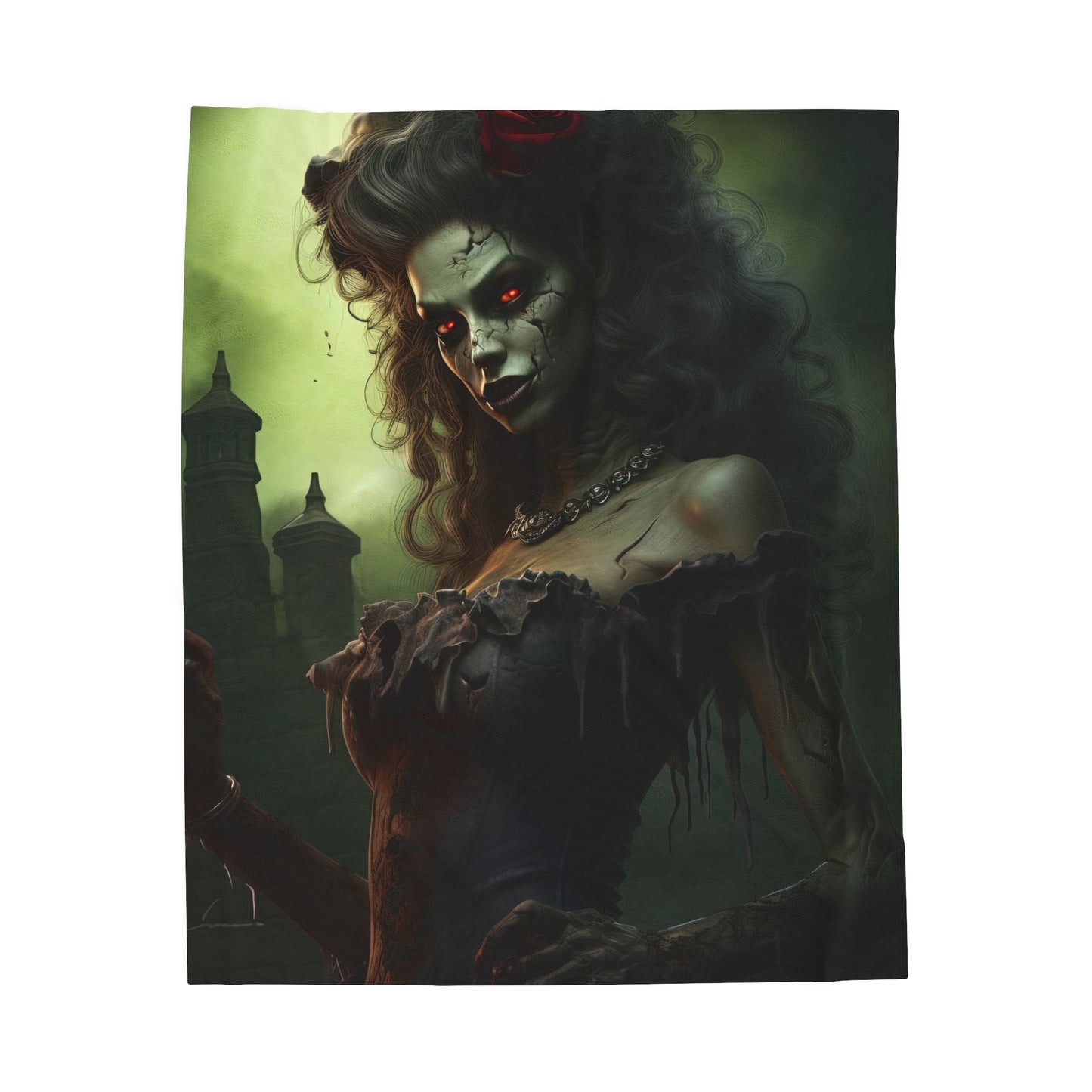 Velveteen Plush Blanket - Crimson Remembrance: Woman Zombie's Enigmatic Embrace