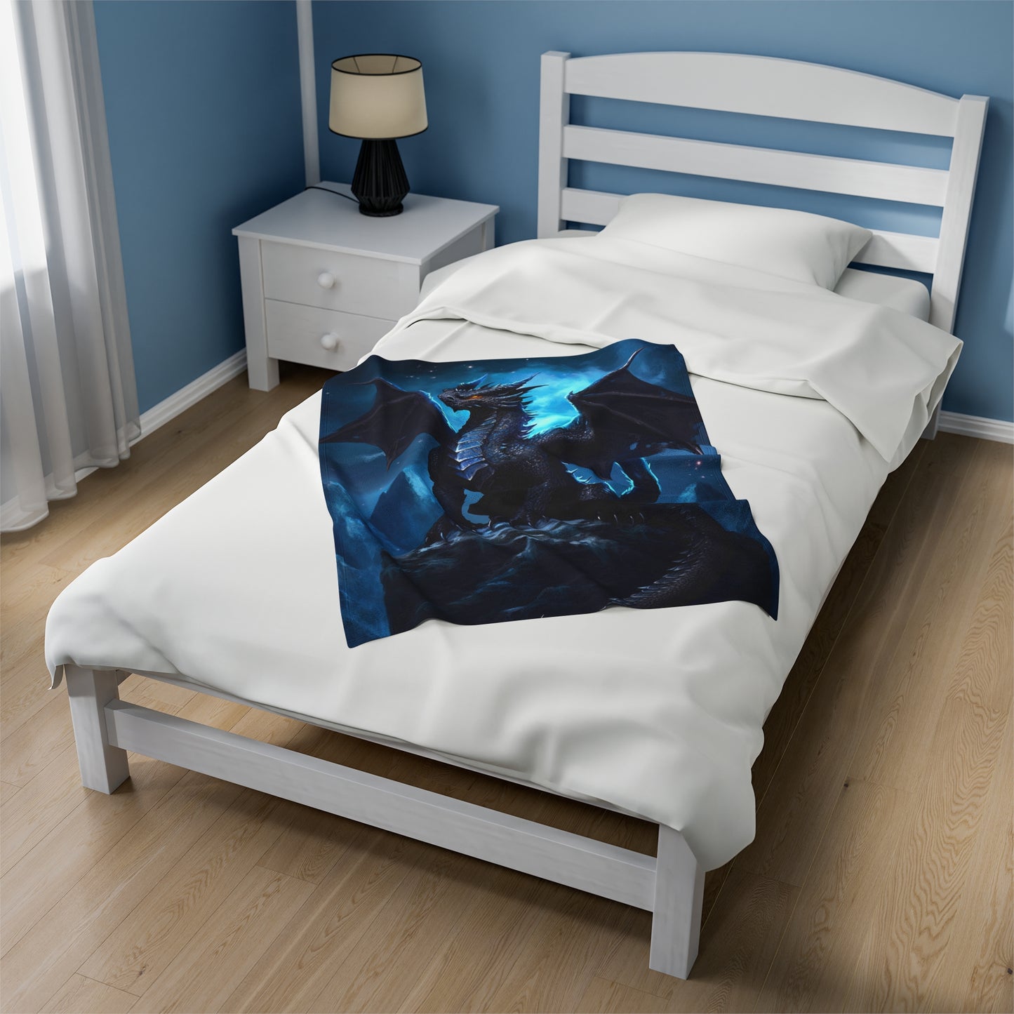 Velveteen Plush Blanket - Nocturnal Sovereign: Black Dragon's Midnight Peak
