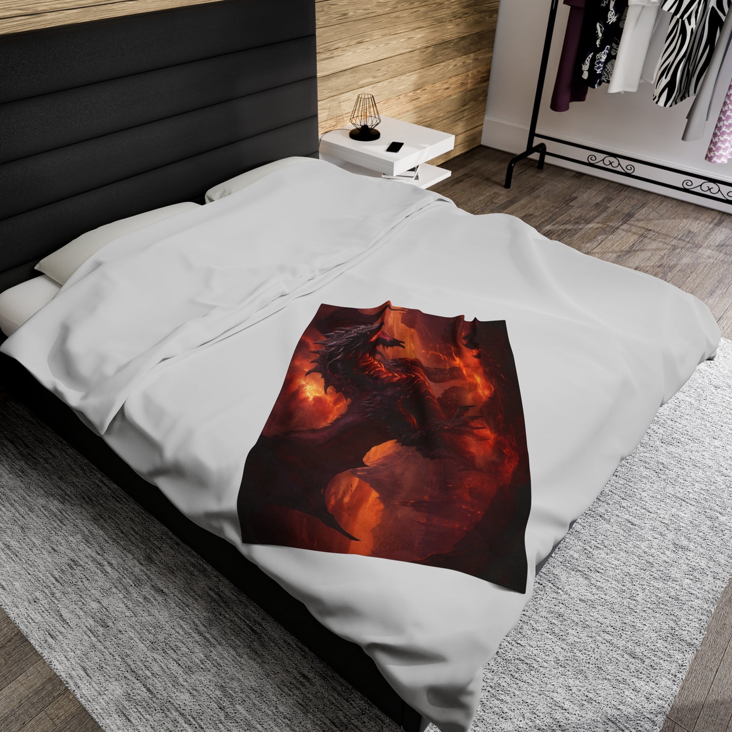 Couverture Dragon Noir - Couverture en velours peluche Dragon Noir des Flammes Infernales - Cadeau pour joueur geek