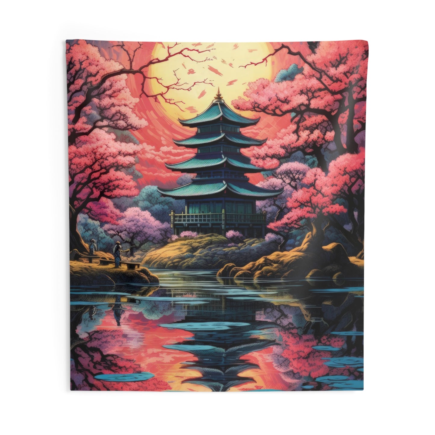 Indoor Wall Tapestries - Sakura Serenity: Japanese Zen Garden with Cherry Blossom Pond