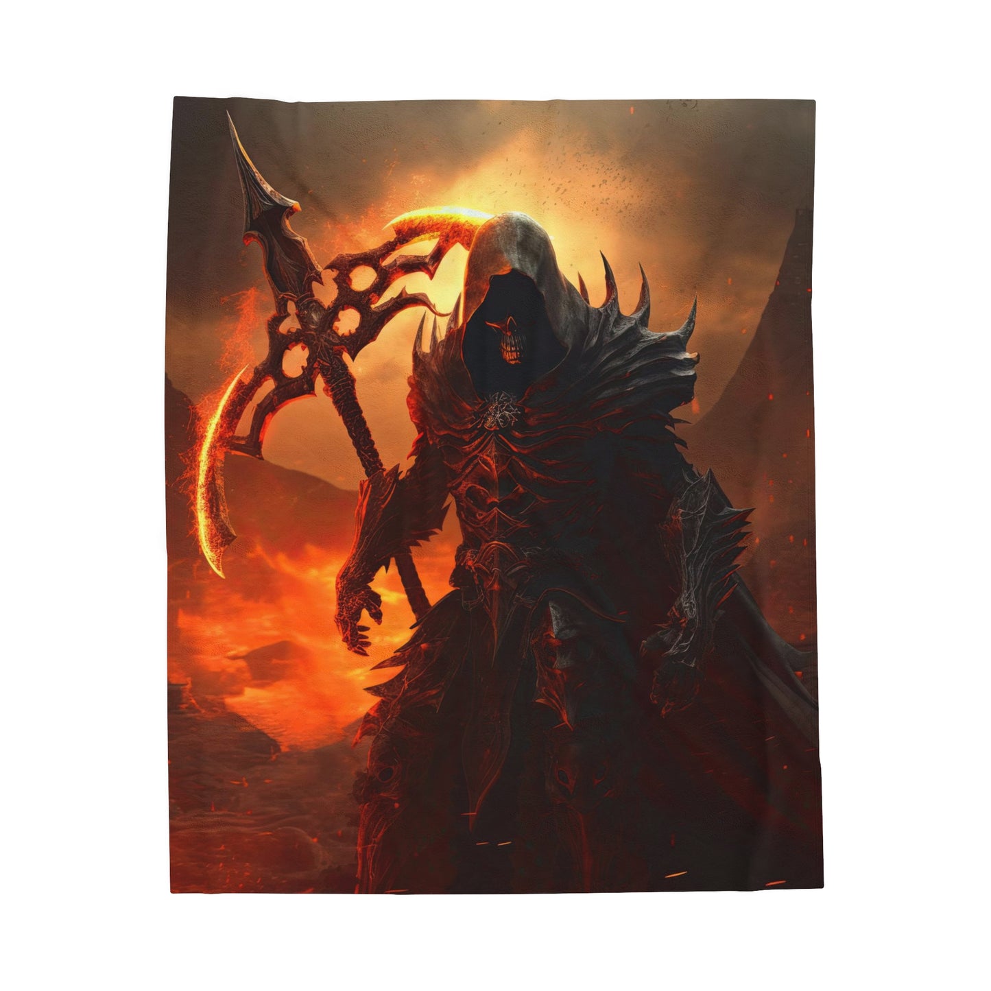 Grim Reaper Blanket - Grim Reaper with Flaming Scythe - Reaper Velveteen Plush - Fantasy Horror Gift for Him