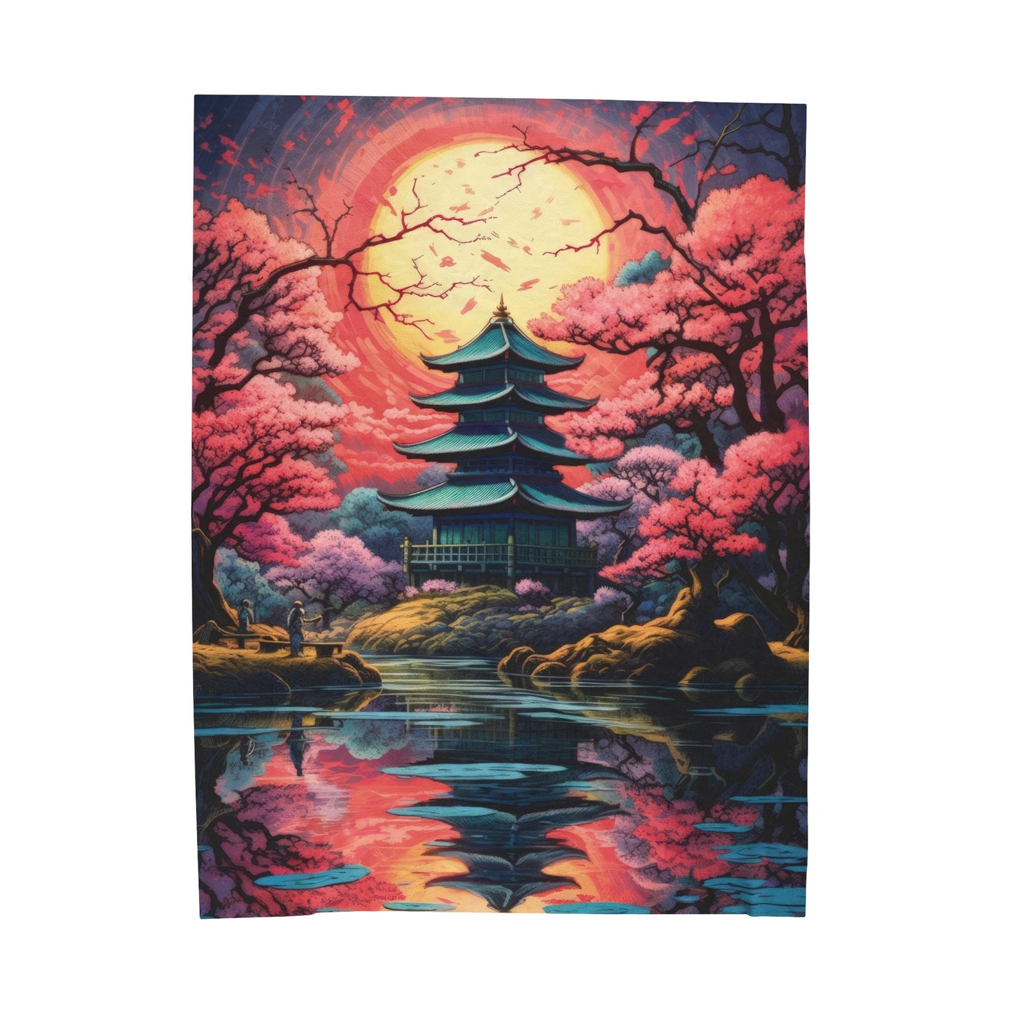 Velveteen Plush Blanket - Serenity in Cherry Blossom Bloom: Japanese Zen Garden