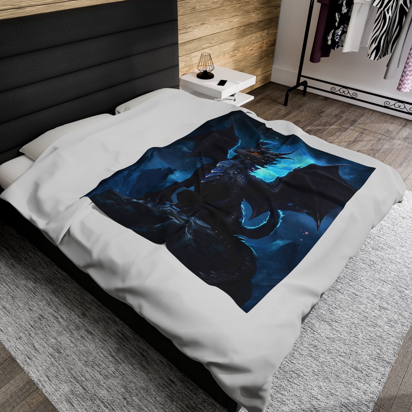 Velveteen Plush Blanket - Nocturnal Sovereign: Black Dragon's Midnight Peak