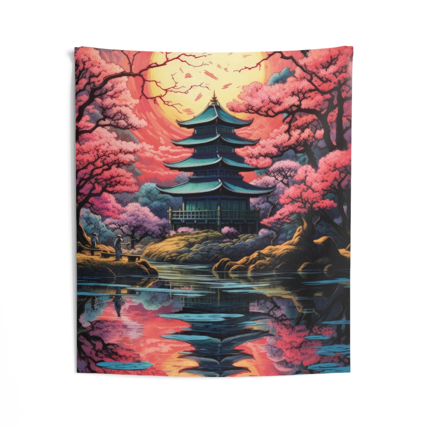 Indoor Wall Tapestries - Sakura Serenity: Japanese Zen Garden with Cherry Blossom Pond