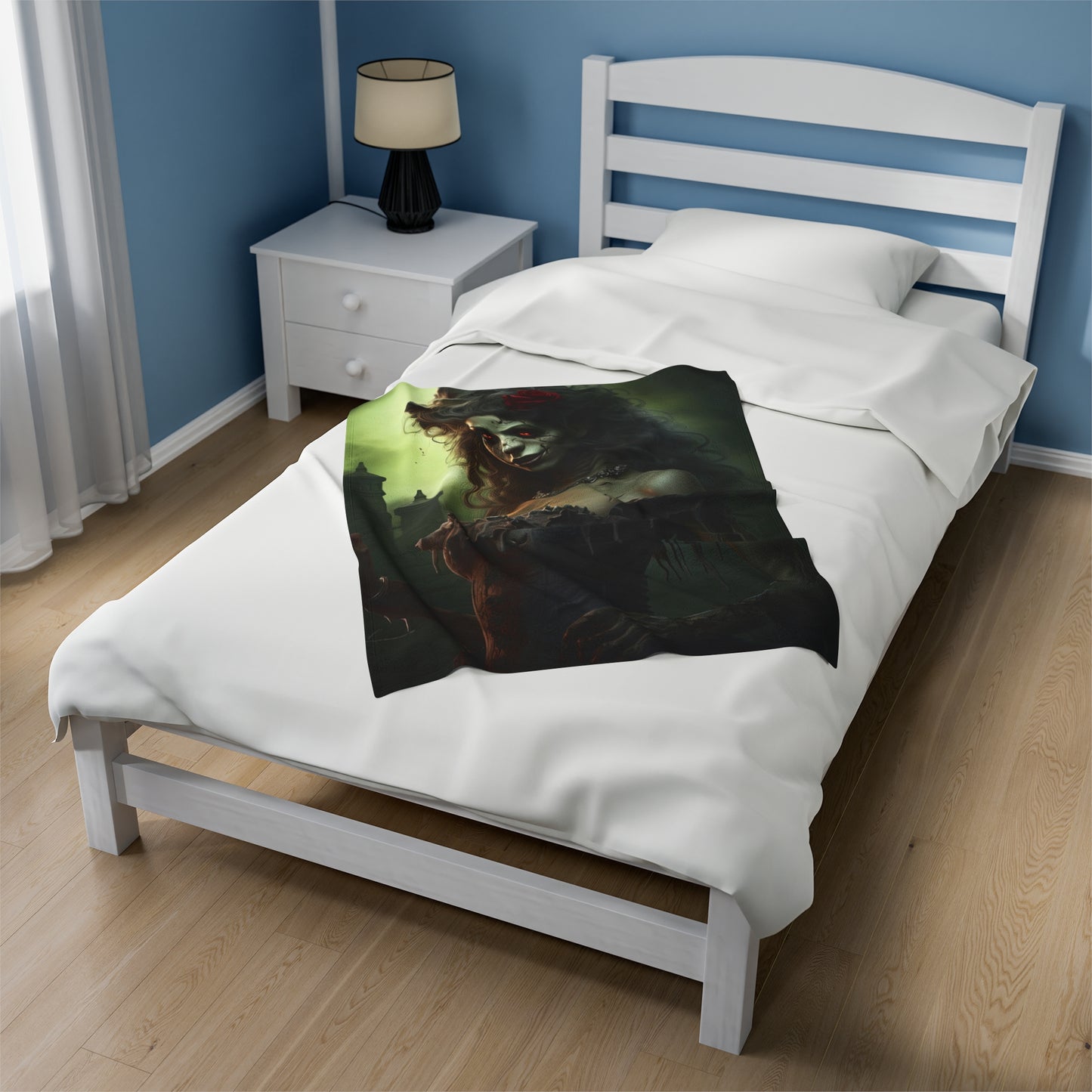 Velveteen Plush Blanket - Crimson Remembrance: Woman Zombie's Enigmatic Embrace