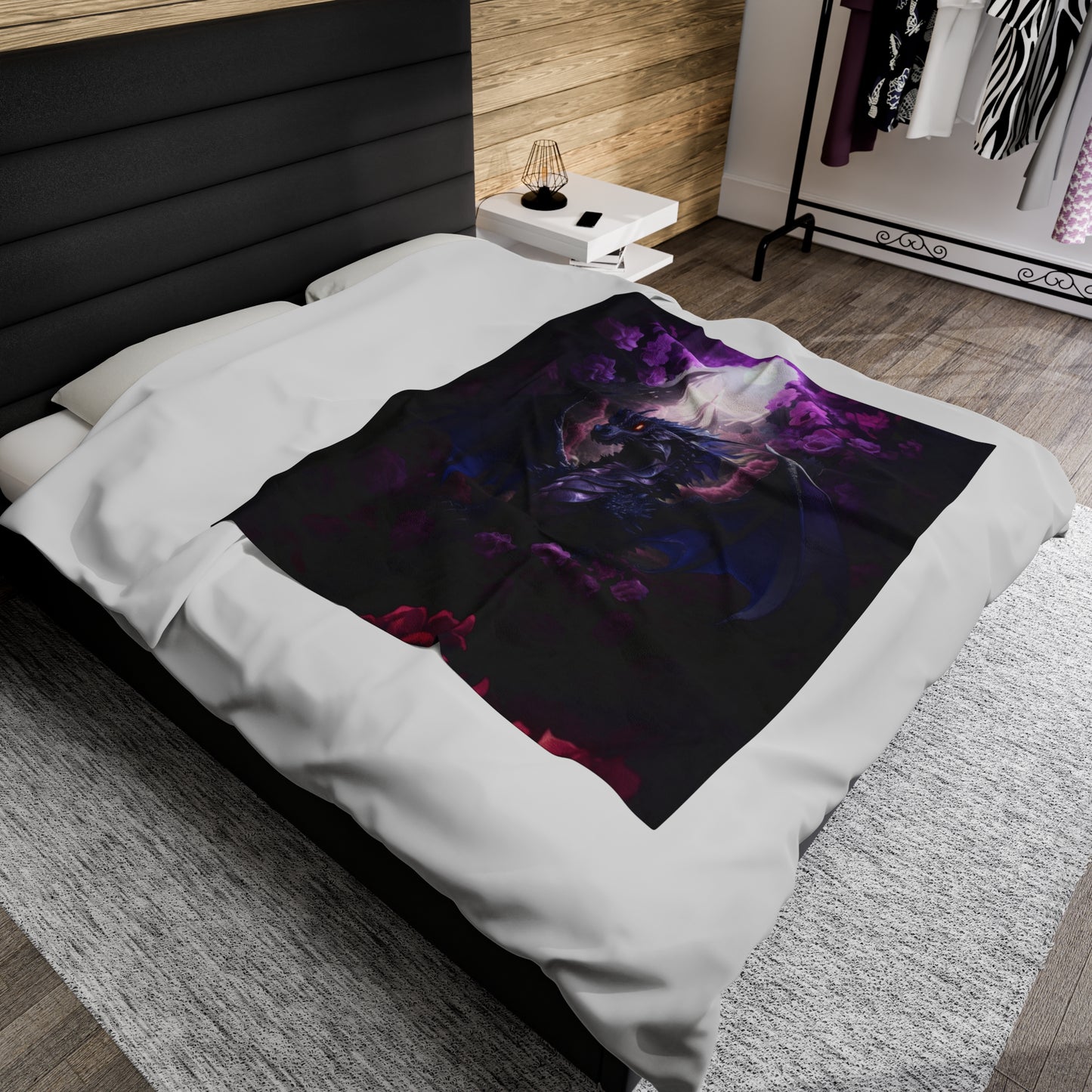 Purple Dragon Blanket - Midnight Purple Dragon - Purple and Red Roses - Velveteen Plush Blanket - Fantasy Gift for Gamer