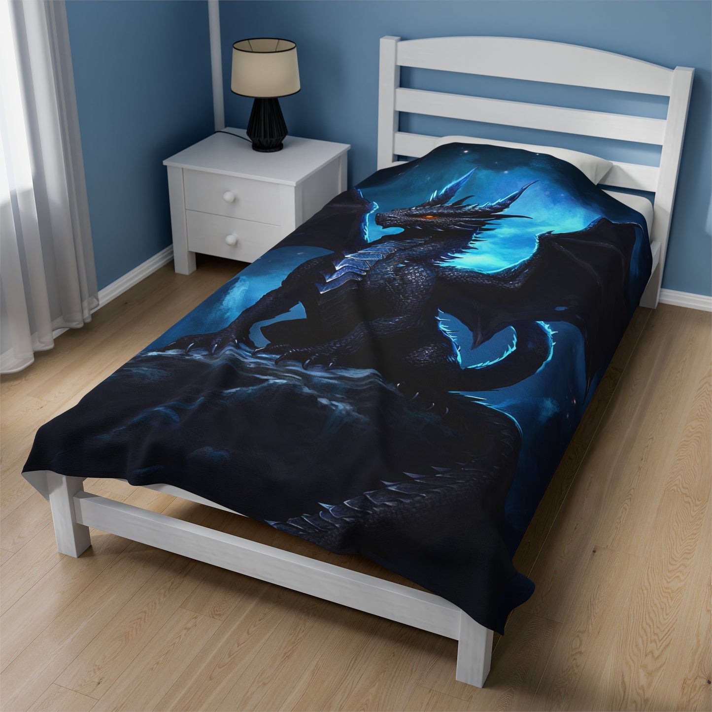 Velveteen Plush Blanket - Nocturnal Sovereign: Black Dragon's Midnight Peak