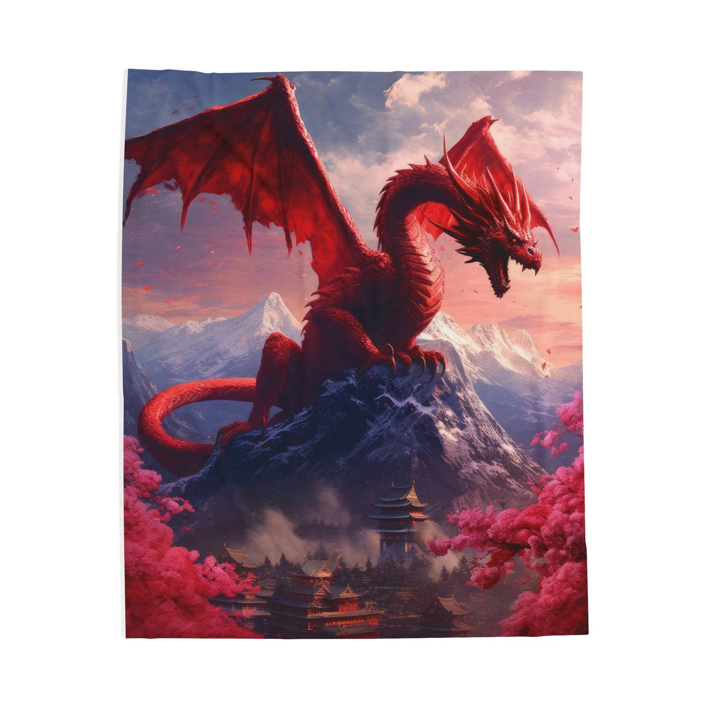 Velveteen Plush Blanket - Enchanting Chinese Dragon and Blossom Village - Fantasy Blanket - Gift for Dragon Lover