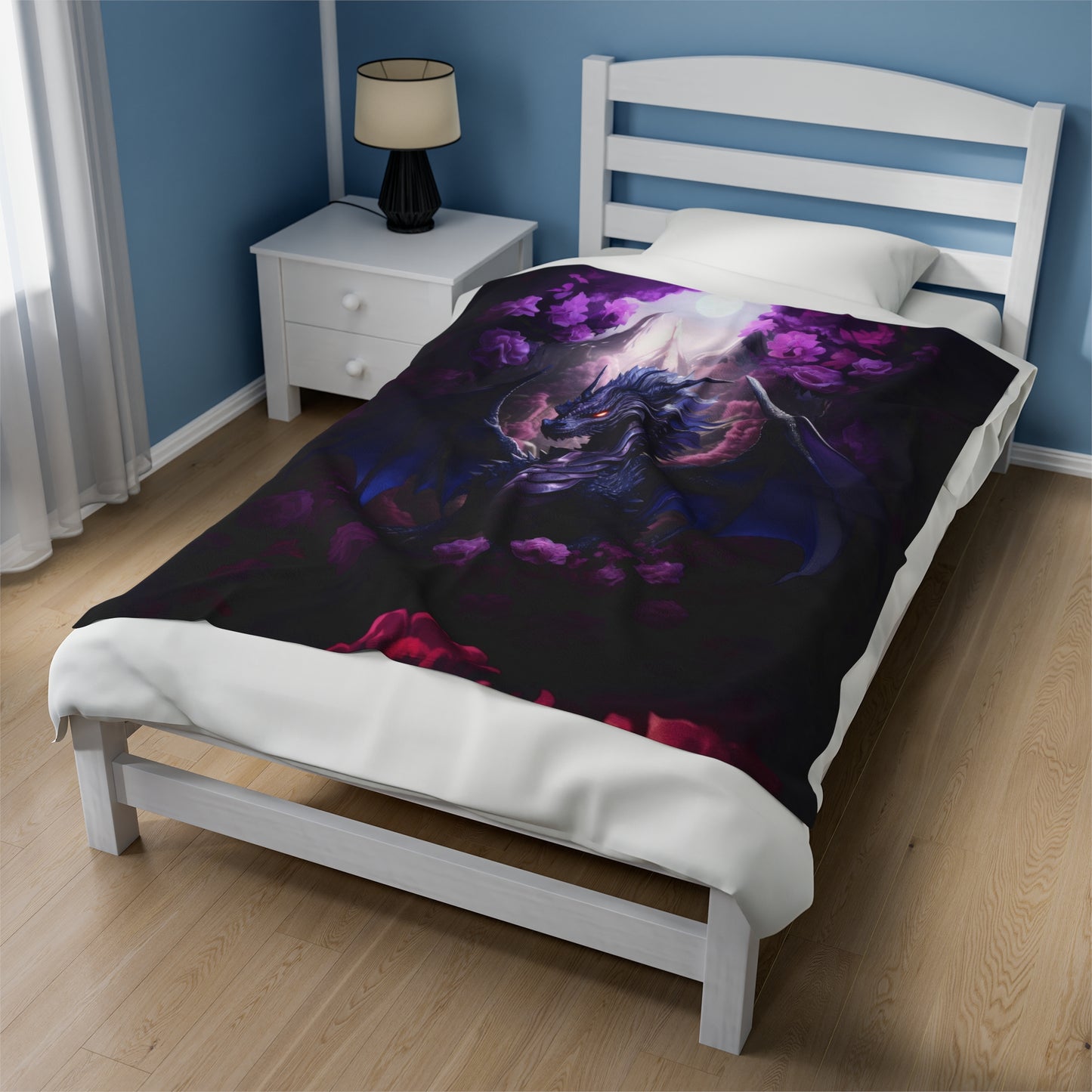 Purple Dragon Blanket - Midnight Purple Dragon - Purple and Red Roses - Velveteen Plush Blanket - Fantasy Gift for Gamer