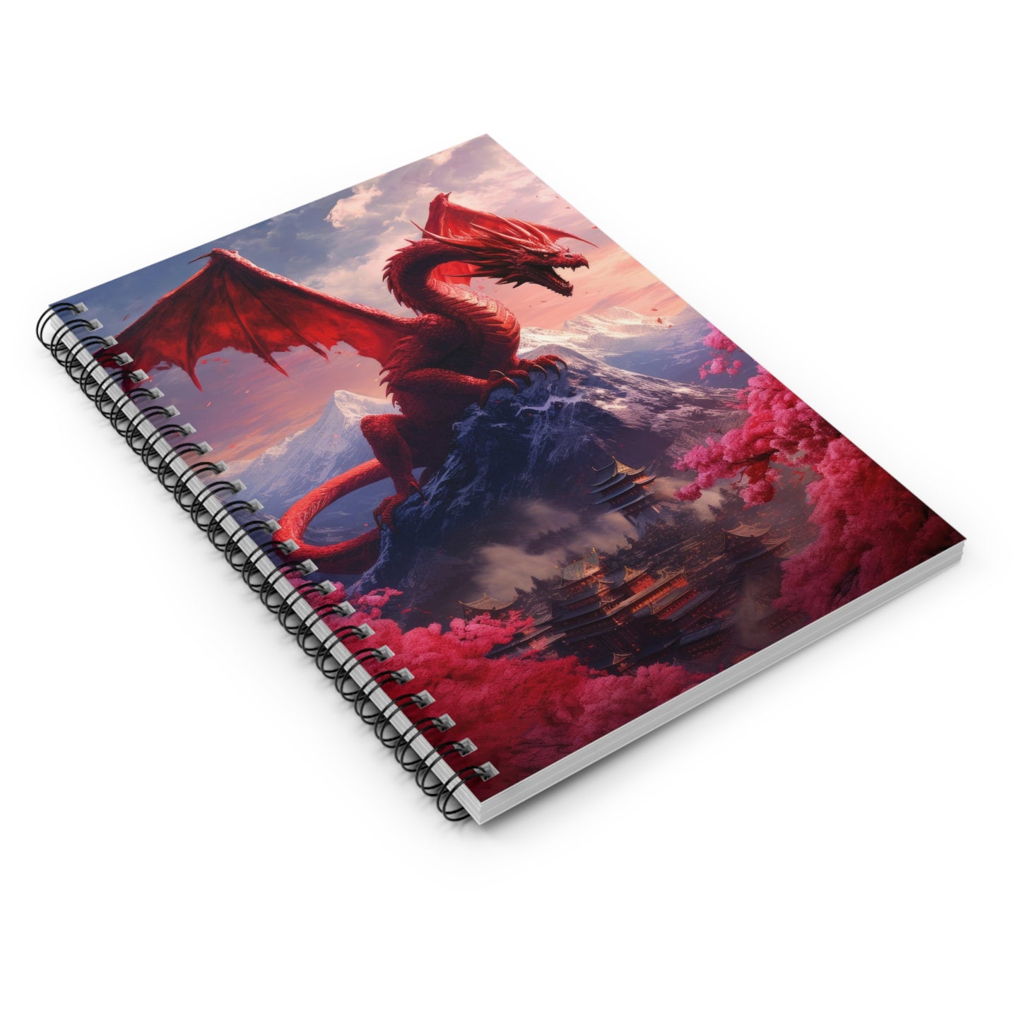 Spiral Notebook - Ruled Line - Chinese Dragon overseeing a mountain village adorned with cherry blossoms