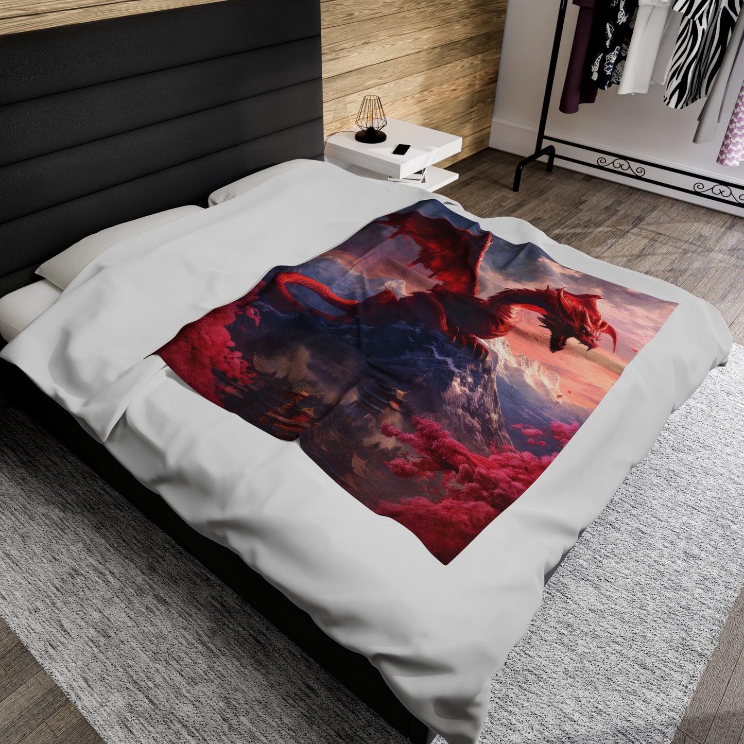 Velveteen Plush Blanket - Enchanting Chinese Dragon and Blossom Village - Fantasy Blanket - Gift for Dragon Lover