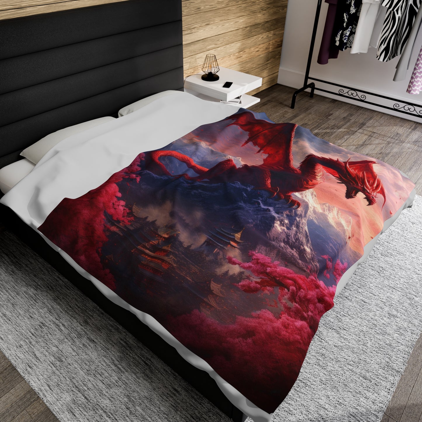 Velveteen Plush Blanket - Enchanting Chinese Dragon and Blossom Village - Fantasy Blanket - Gift for Dragon Lover