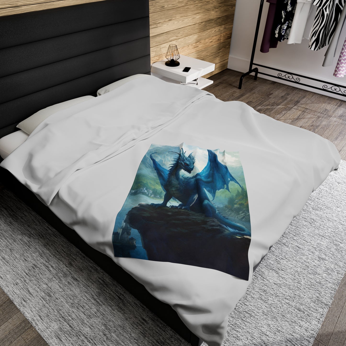 Velveteen Plush Blanket - Azure Serenity: Blue Dragon of the Mountain Lake