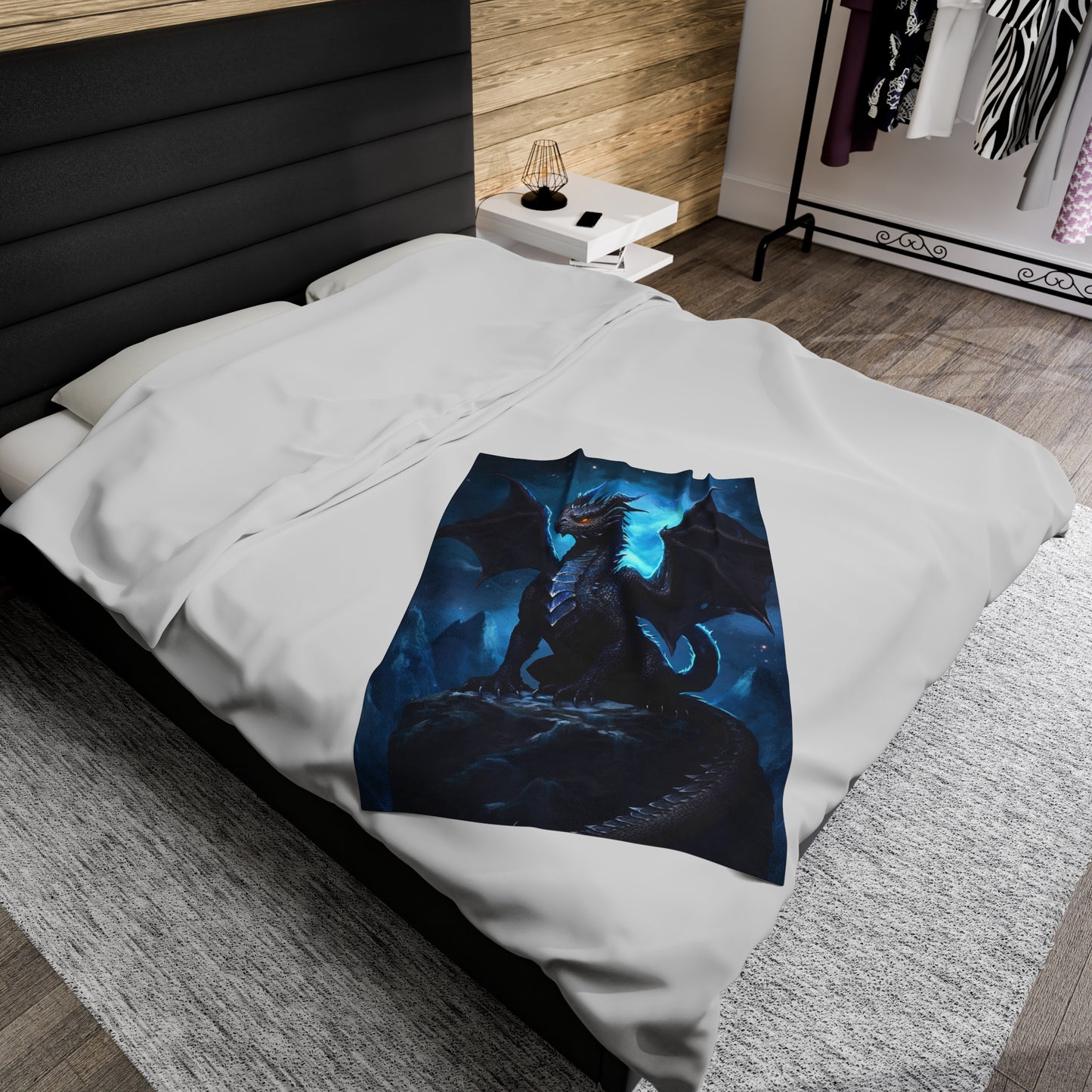 Velveteen Plush Blanket - Nocturnal Sovereign: Black Dragon's Midnight Peak