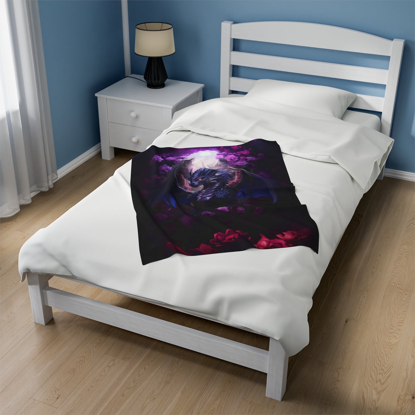 Purple Dragon Blanket - Midnight Purple Dragon - Purple and Red Roses - Velveteen Plush Blanket - Fantasy Gift for Gamer