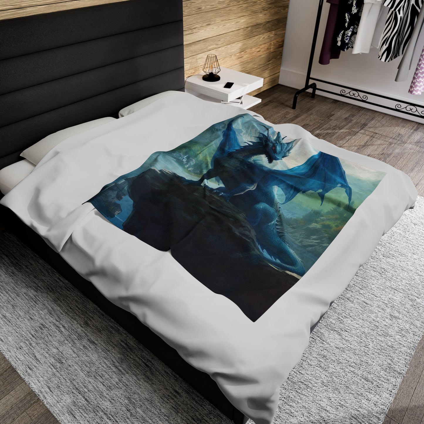 Velveteen Plush Blanket - Azure Serenity: Blue Dragon of the Mountain Lake