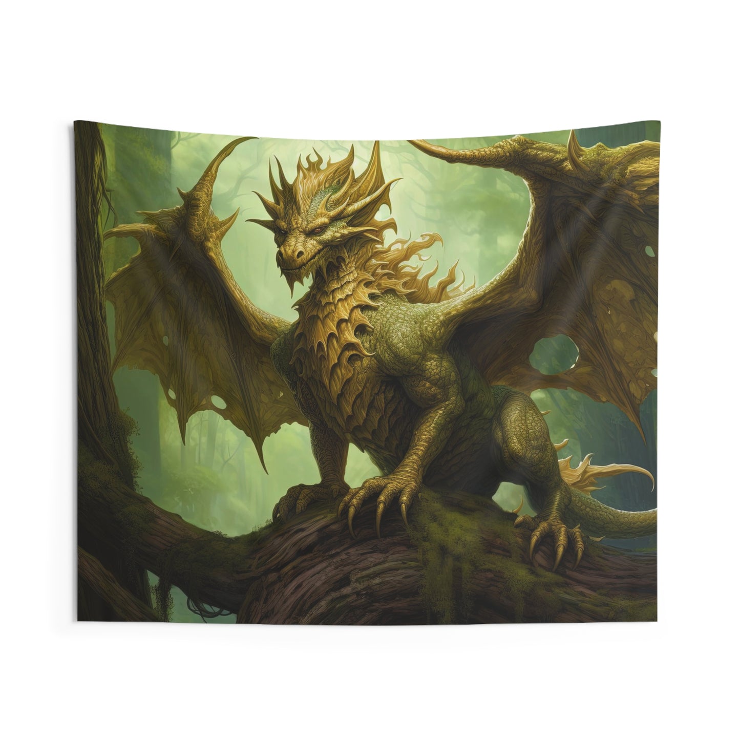 Indoor Wall Tapestries - Verdant Harmony: Majestic Green Nature Dragon