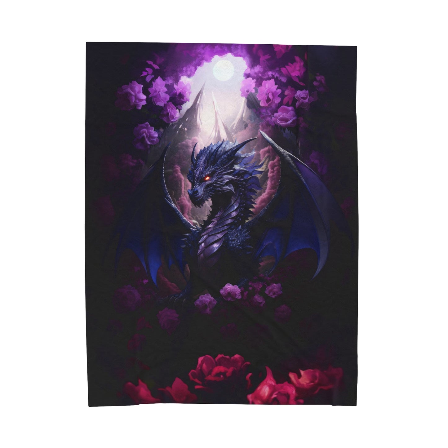 Purple Dragon Blanket - Midnight Purple Dragon - Purple and Red Roses - Velveteen Plush Blanket - Fantasy Gift for Gamer