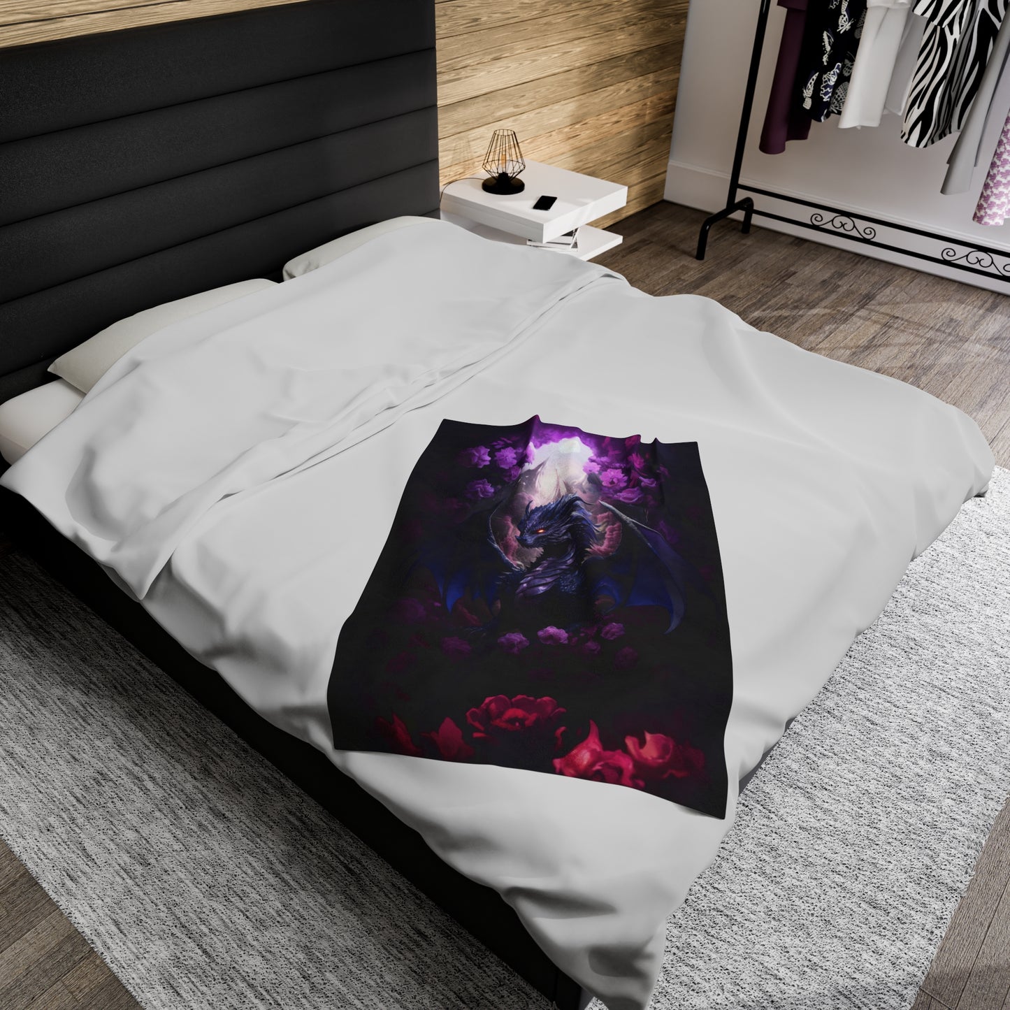 Purple Dragon Blanket - Midnight Purple Dragon - Purple and Red Roses - Velveteen Plush Blanket - Fantasy Gift for Gamer