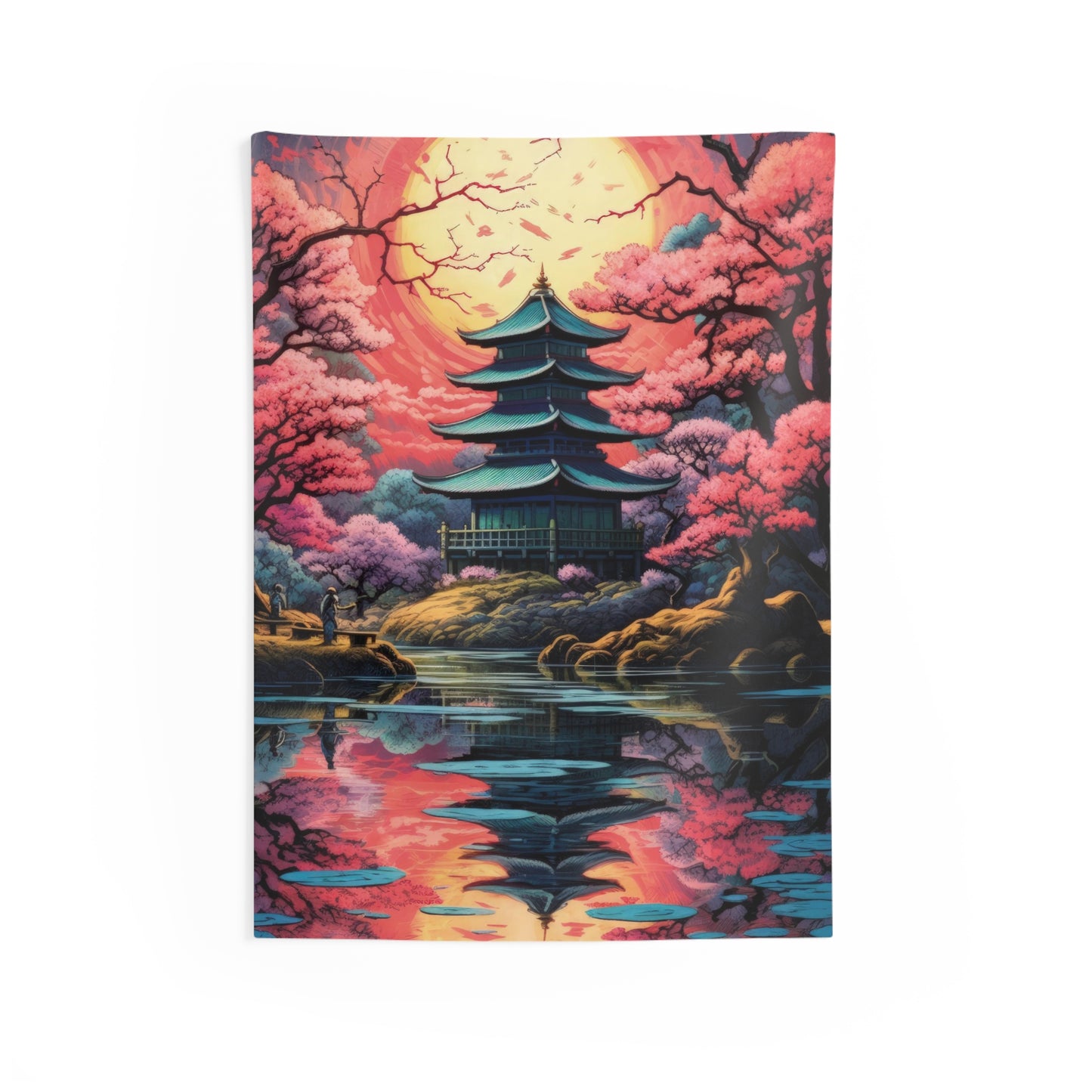 Indoor Wall Tapestries - Sakura Serenity: Japanese Zen Garden with Cherry Blossom Pond