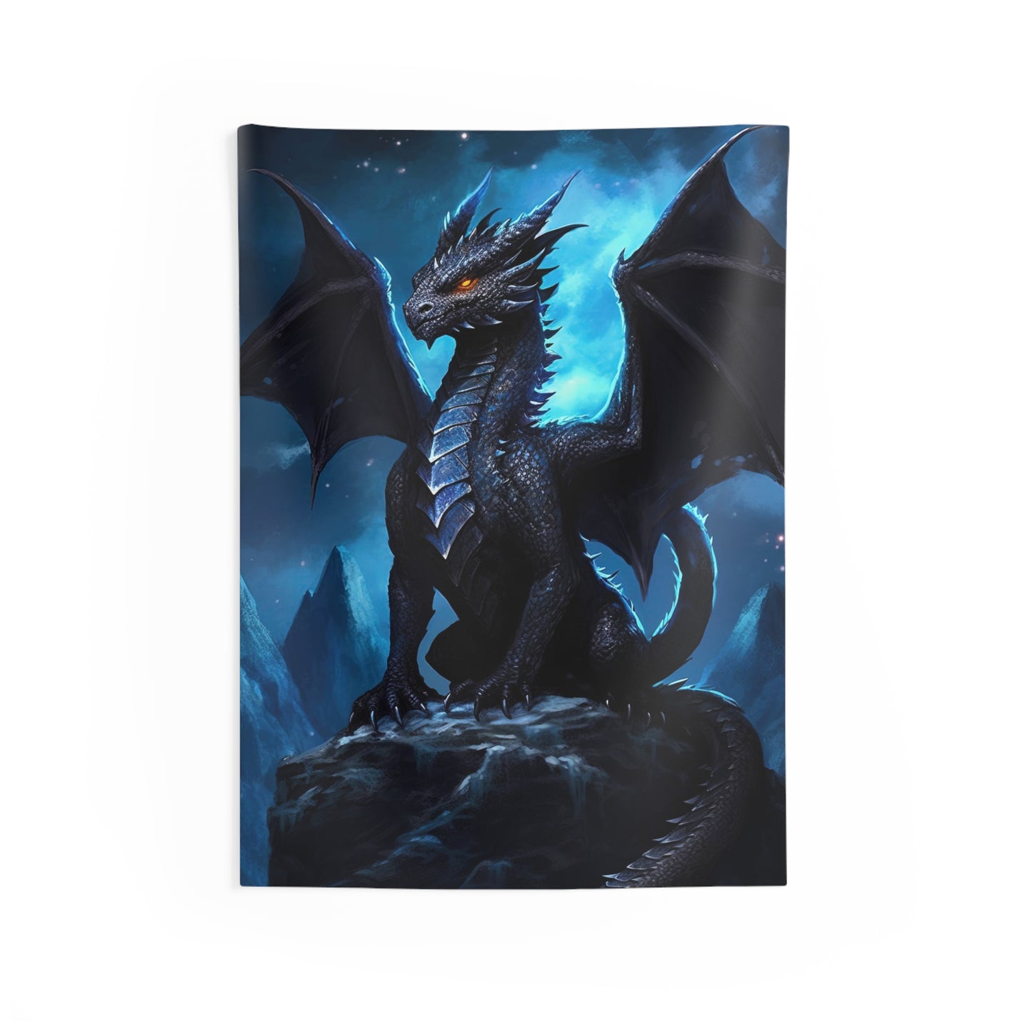 Indoor Wall Tapestries - Shadowflight: Midnight Black Dragon on Mountain Peak