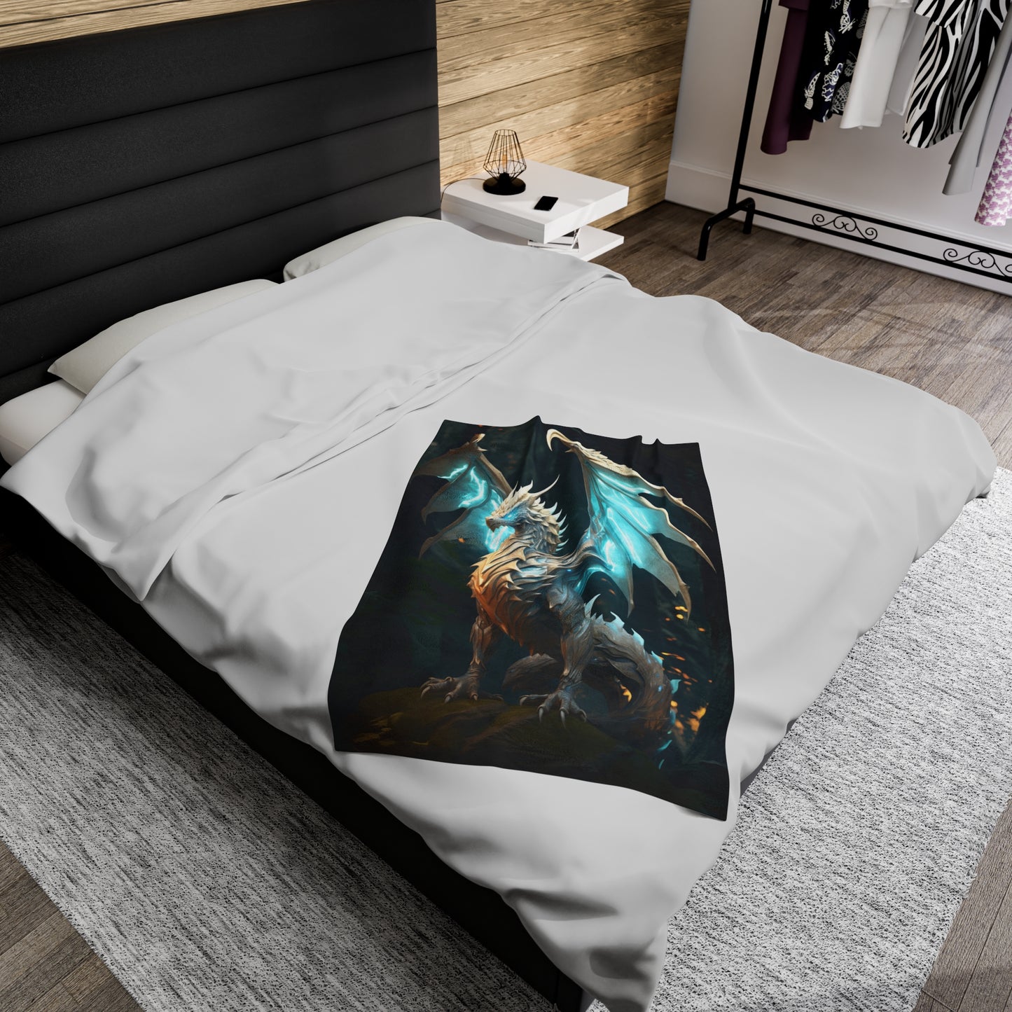 White Dragon Blanket - White Holy Dragon Velveteen Plush Blanket - Fantasy Gift for Gamer