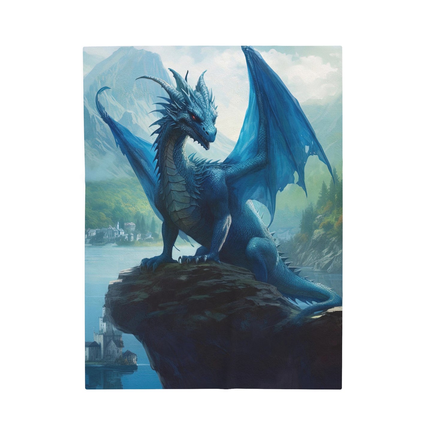 Velveteen Plush Blanket - Azure Serenity: Blue Dragon of the Mountain Lake