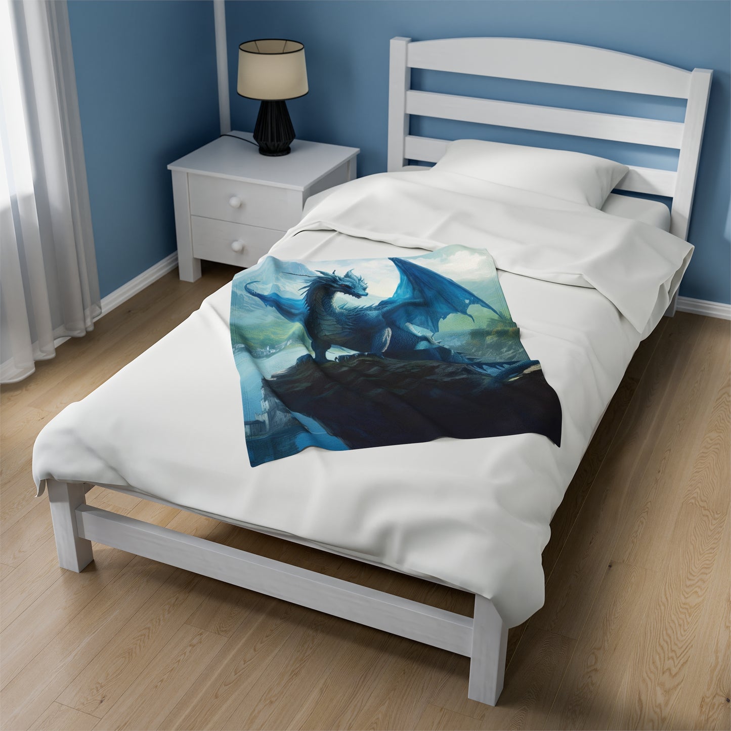 Velveteen Plush Blanket - Azure Serenity: Blue Dragon of the Mountain Lake