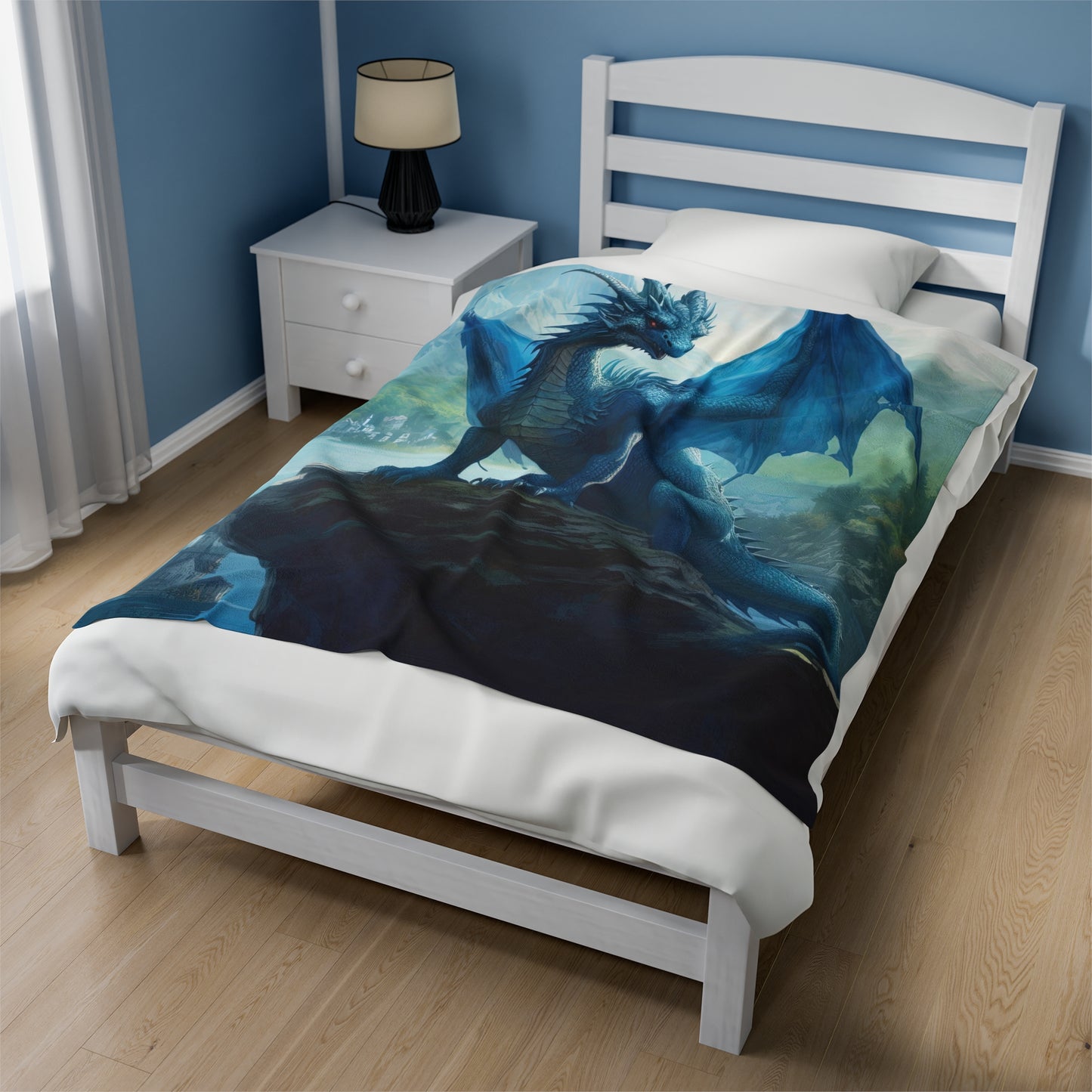 Velveteen Plush Blanket - Azure Serenity: Blue Dragon of the Mountain Lake