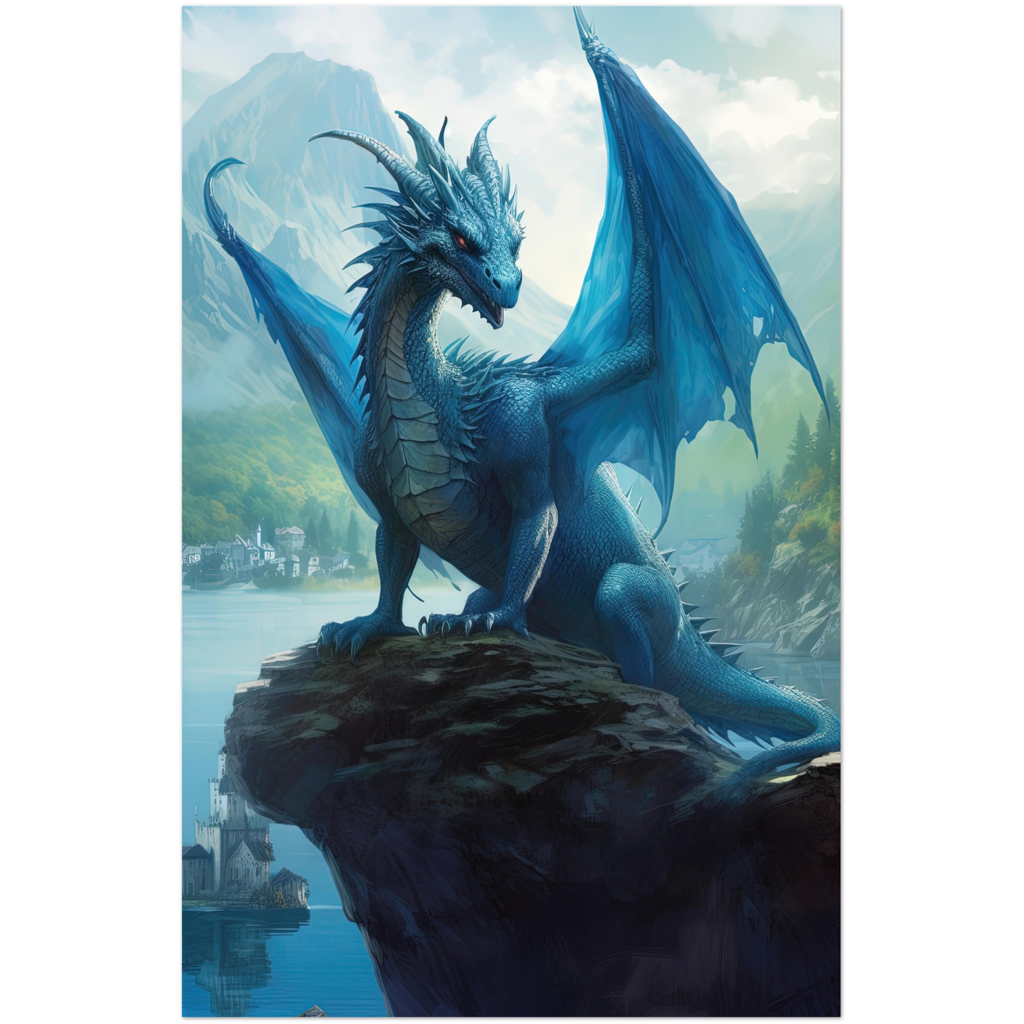 Blue Dragon Wall Art, Blue Dragon Poster, Fantasy Art Canvas Gift for Gamer - Poster, Canvas, Framed Art, Hanger option