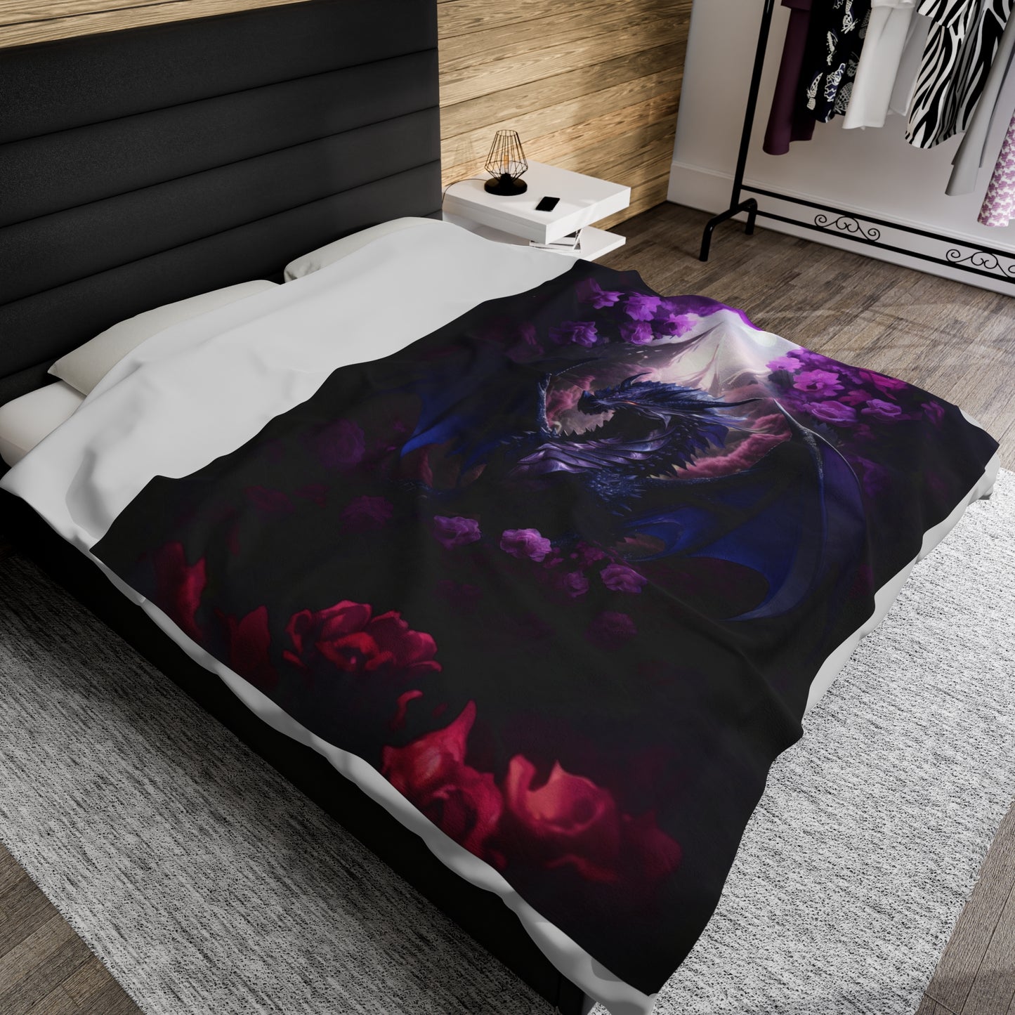 Purple Dragon Blanket - Midnight Purple Dragon - Purple and Red Roses - Velveteen Plush Blanket - Fantasy Gift for Gamer