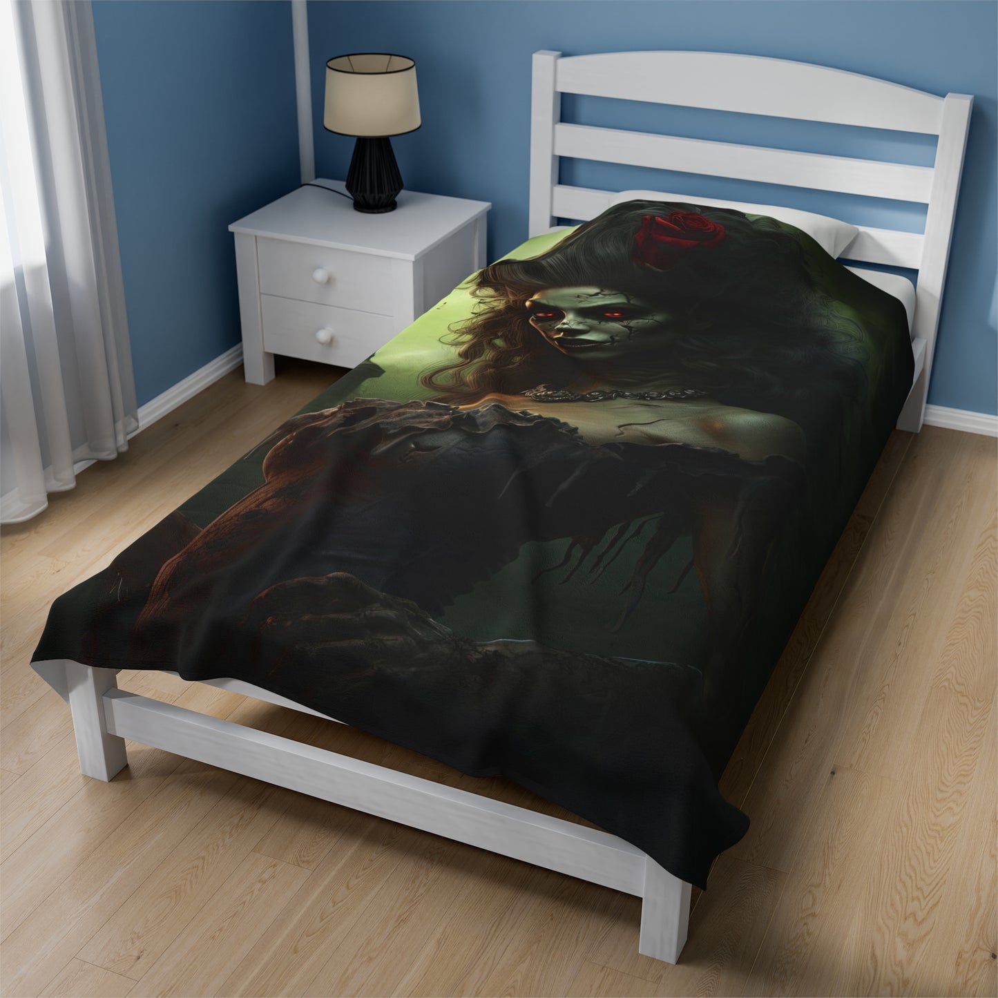 Velveteen Plush Blanket - Crimson Remembrance: Woman Zombie's Enigmatic Embrace