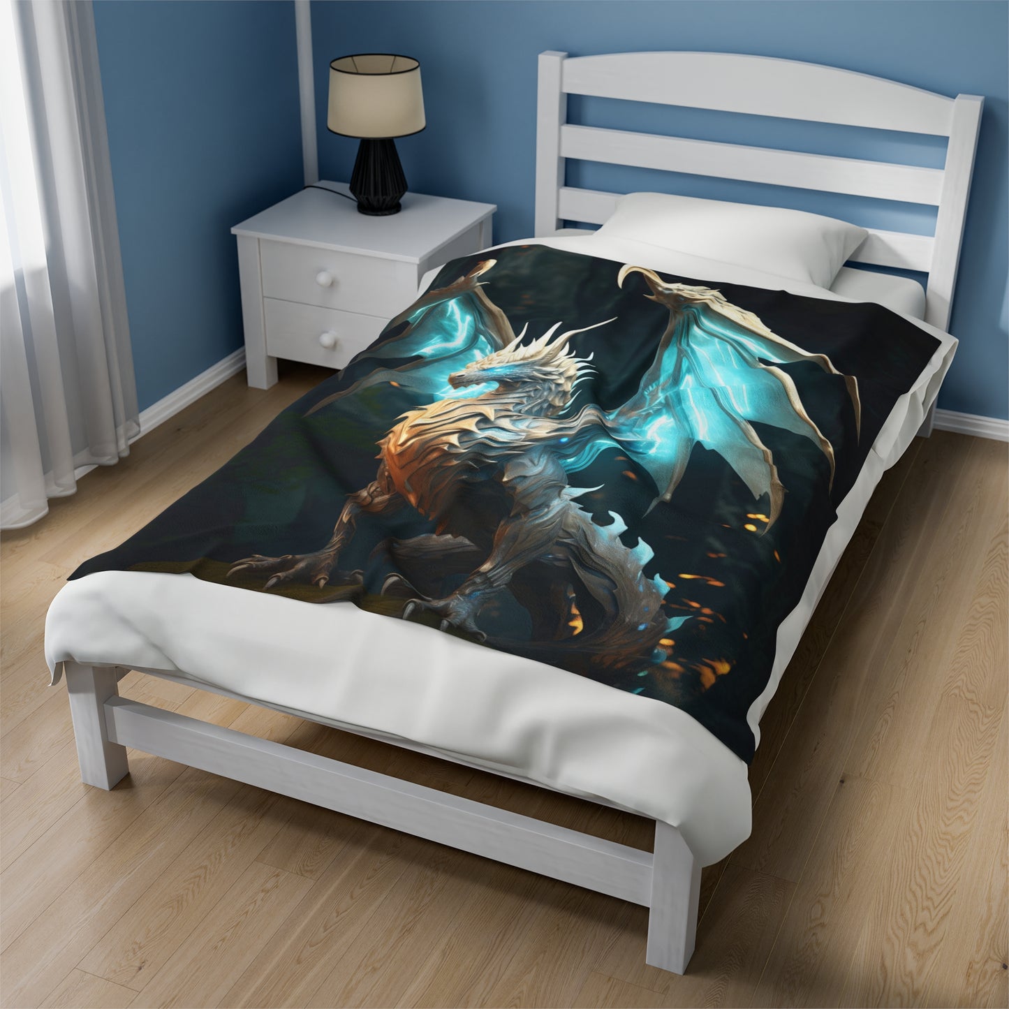 White Dragon Blanket - White Holy Dragon Velveteen Plush Blanket - Fantasy Gift for Gamer